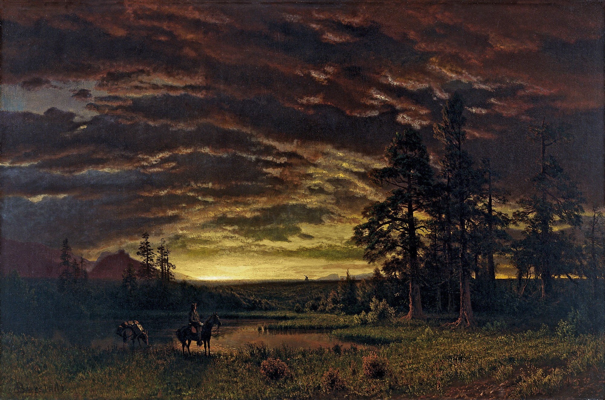 country, albert bierstadt, no people, forest, woods, cloud - sky, clouds, horse, artistry, painting, animal themes, field, scenic, pond, animal, sky, domestic animals, HD Wallpaper