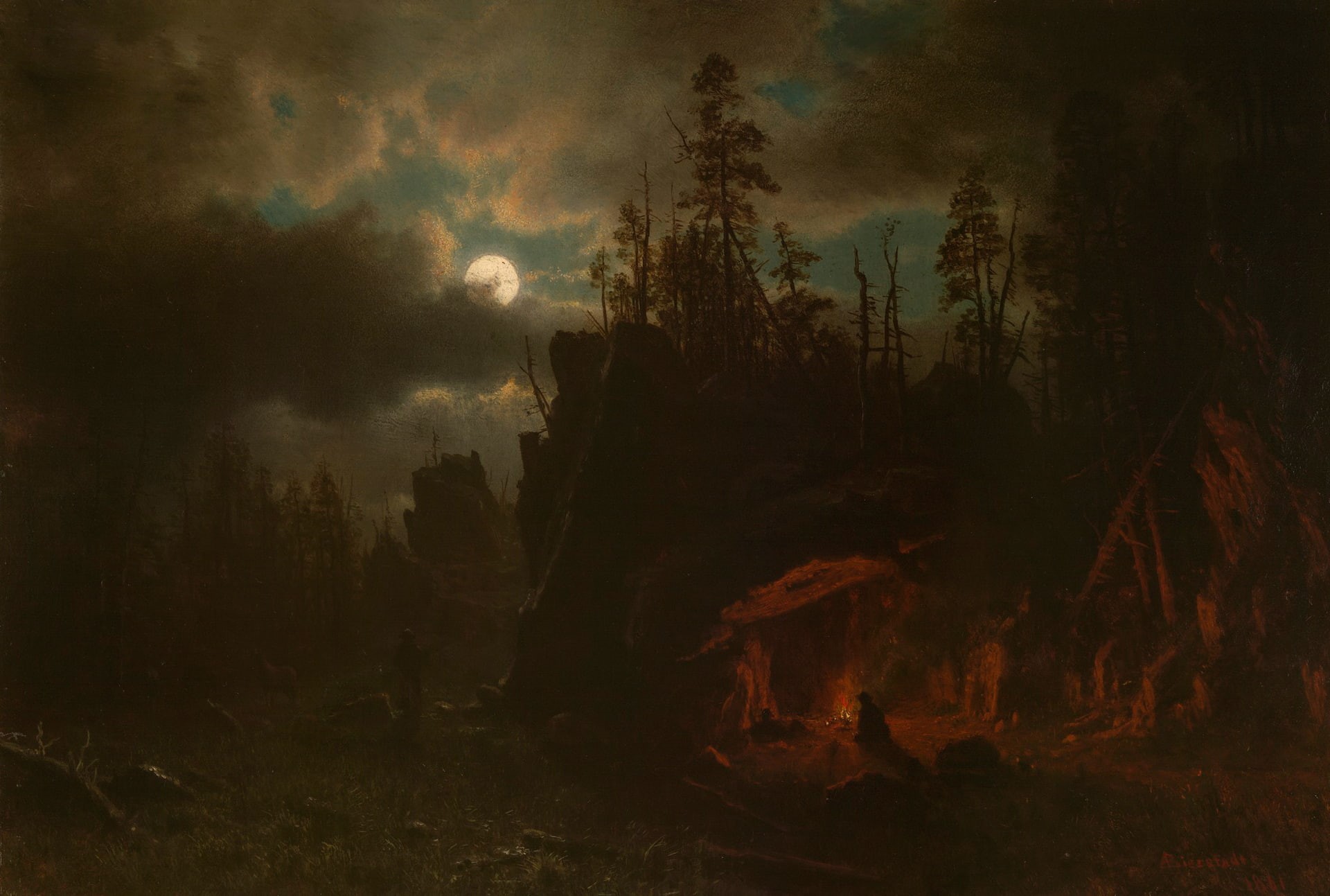 The Camp Of Hunters, The moon, landscape, Albert Bierstadt, night, 1080P, picture, HD Wallpaper