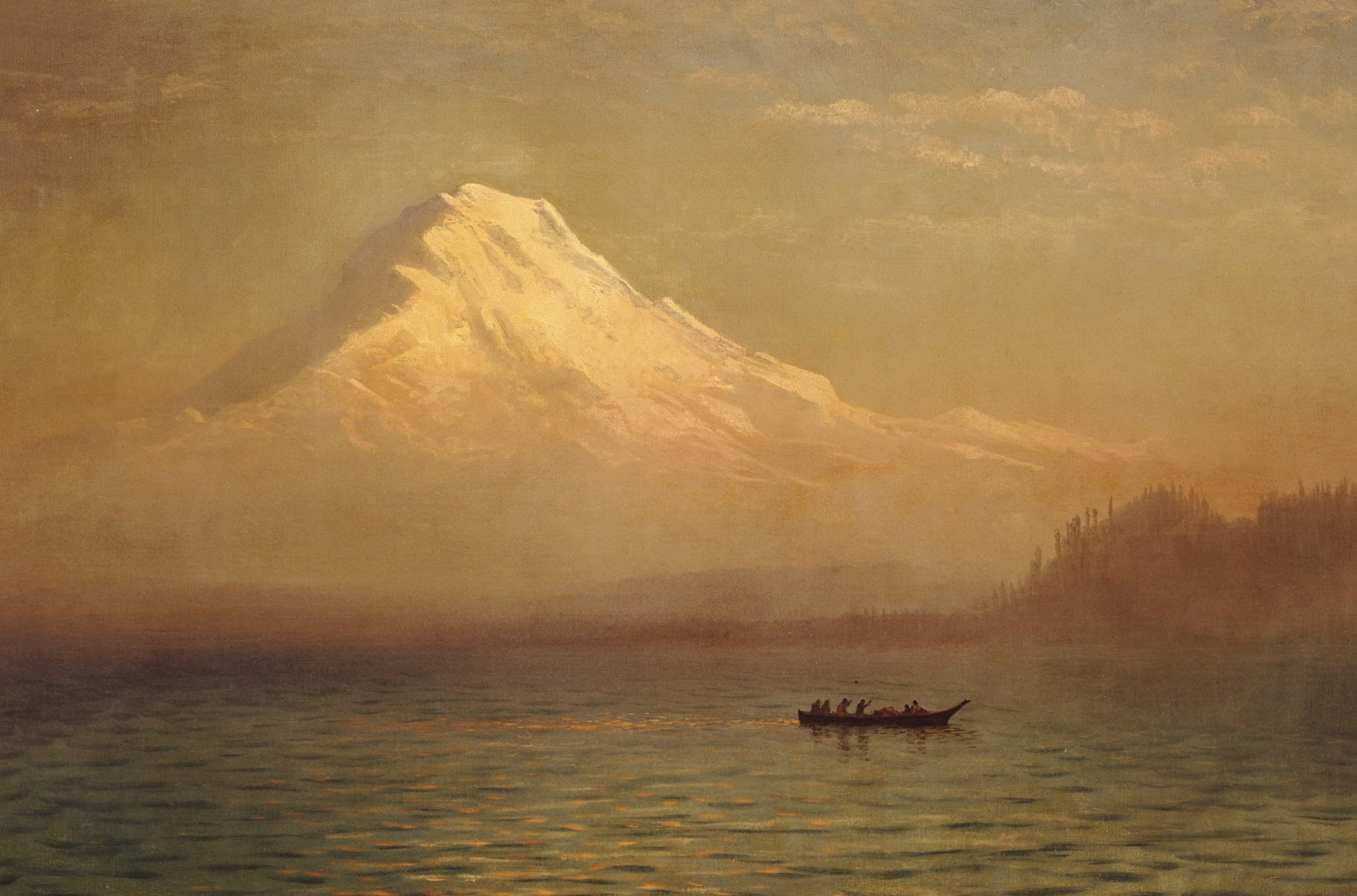 landscape, lake, 1080P, Albert Bierstadt, boat, Sunrise on Mount Tacoma, picture, HD Wallpaper
