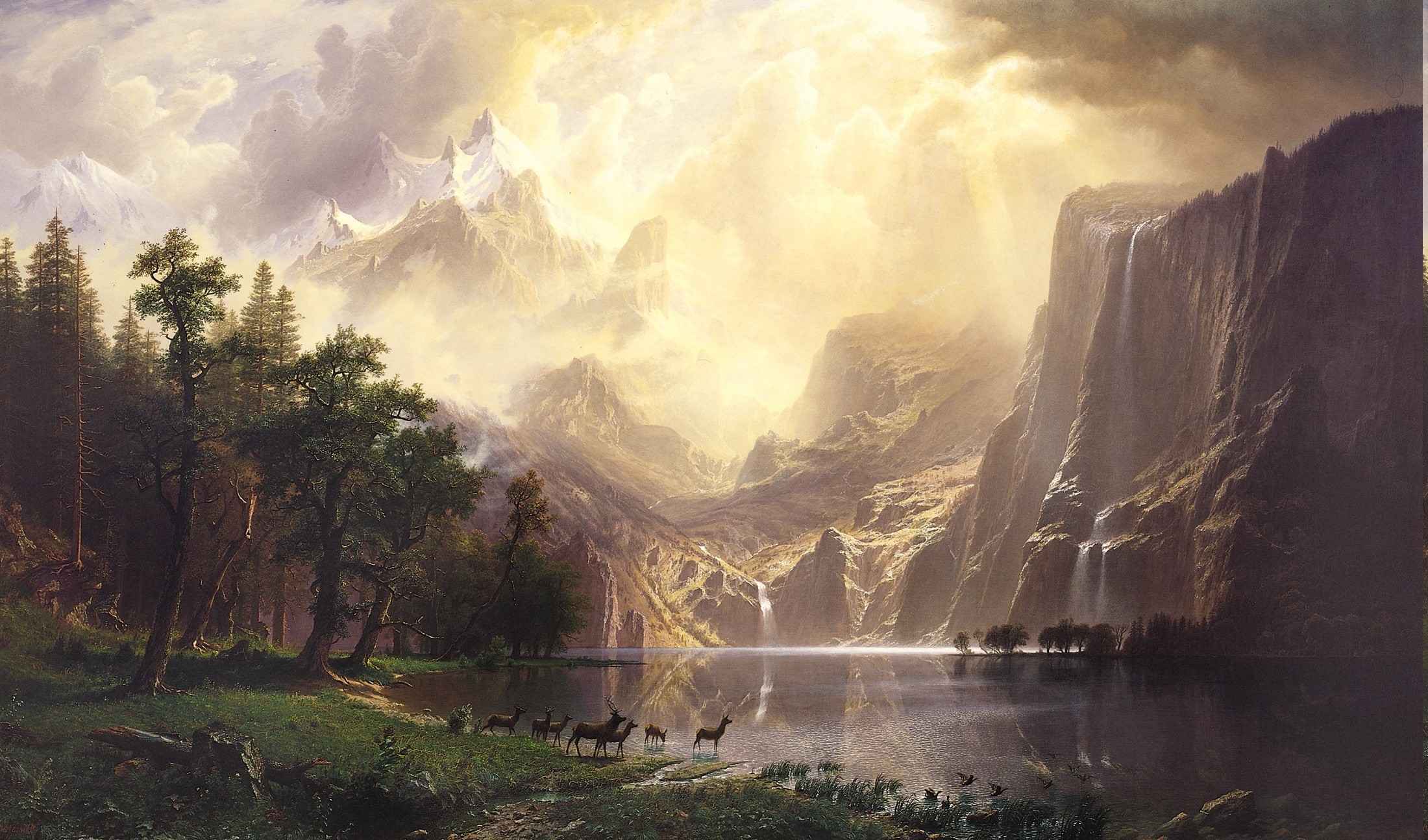 landscape lake mountain waterfall animals snow trees fantasy art albert bierstadt, land, tree, tranquil scene, forest, outdoors, sky, water, pine tree, HD Wallpaper