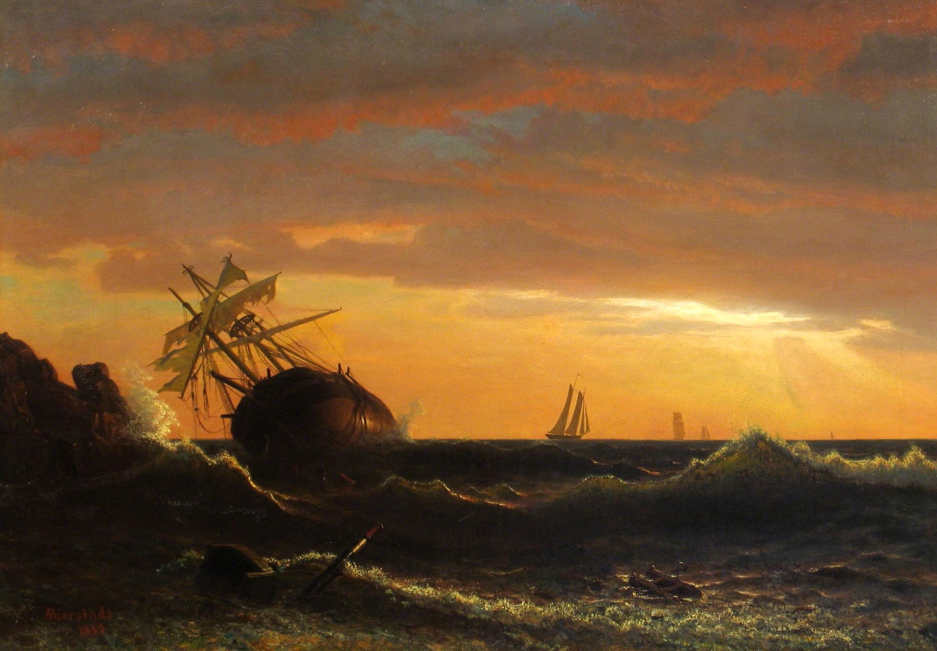 The ship Broke, seascape, sea, Albert Bierstadt, 1080P, picture, wave, HD Wallpaper