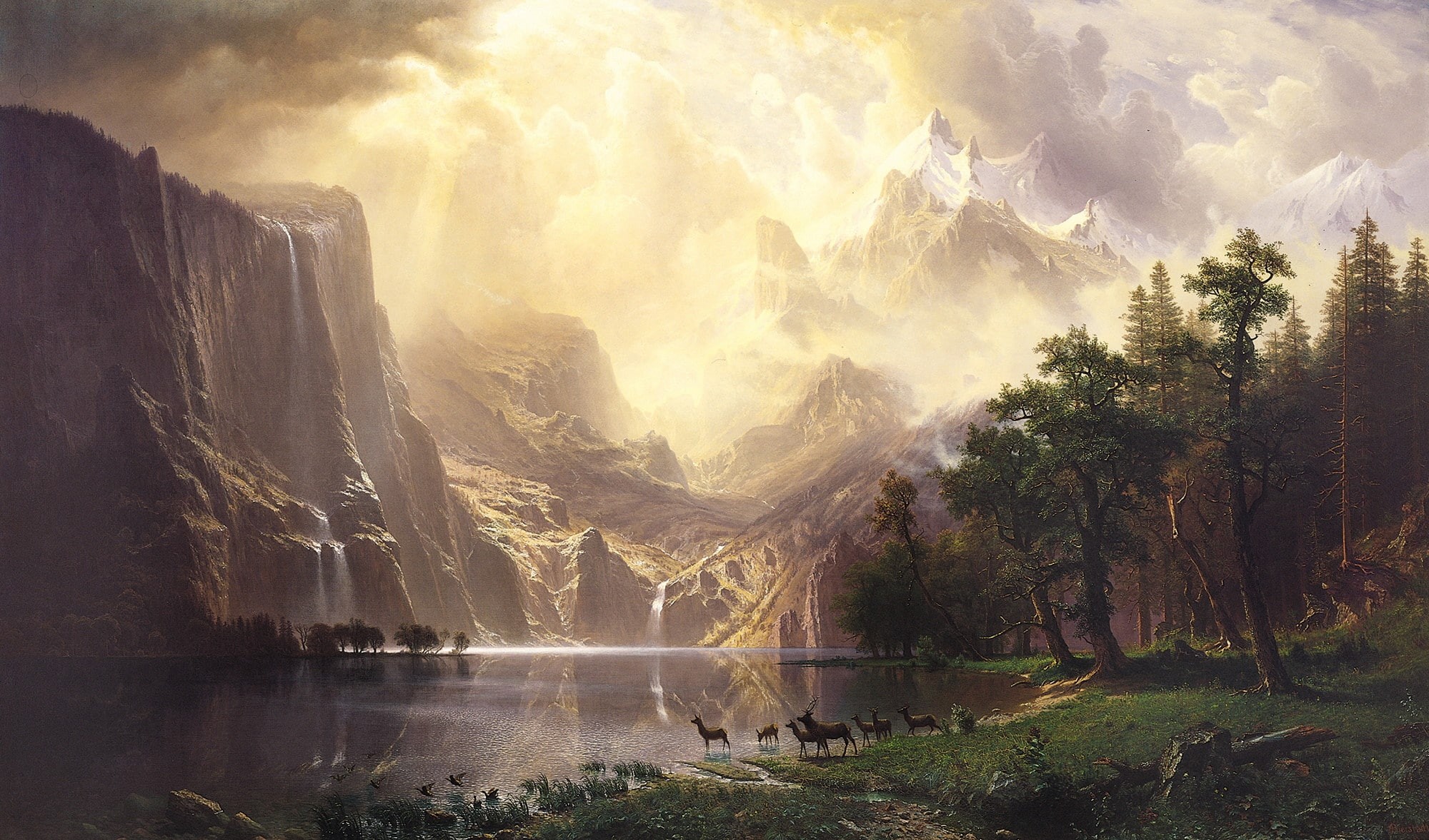 Among the Sierra Nevada Mountains-California, nature, art, 1080P, Albert Bierstadt, landscape, HD Wallpaper