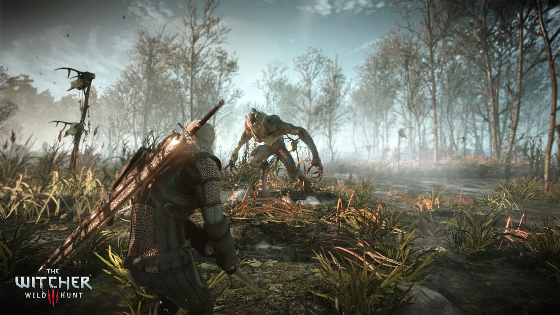 The Witcher 3: Wild Hunt, Geralt of Rivia, fire, fire - Natural Phenomenon, digital, males, young Adult, horror, swamp, plant, witcher, day, two people, HD Wallpaper