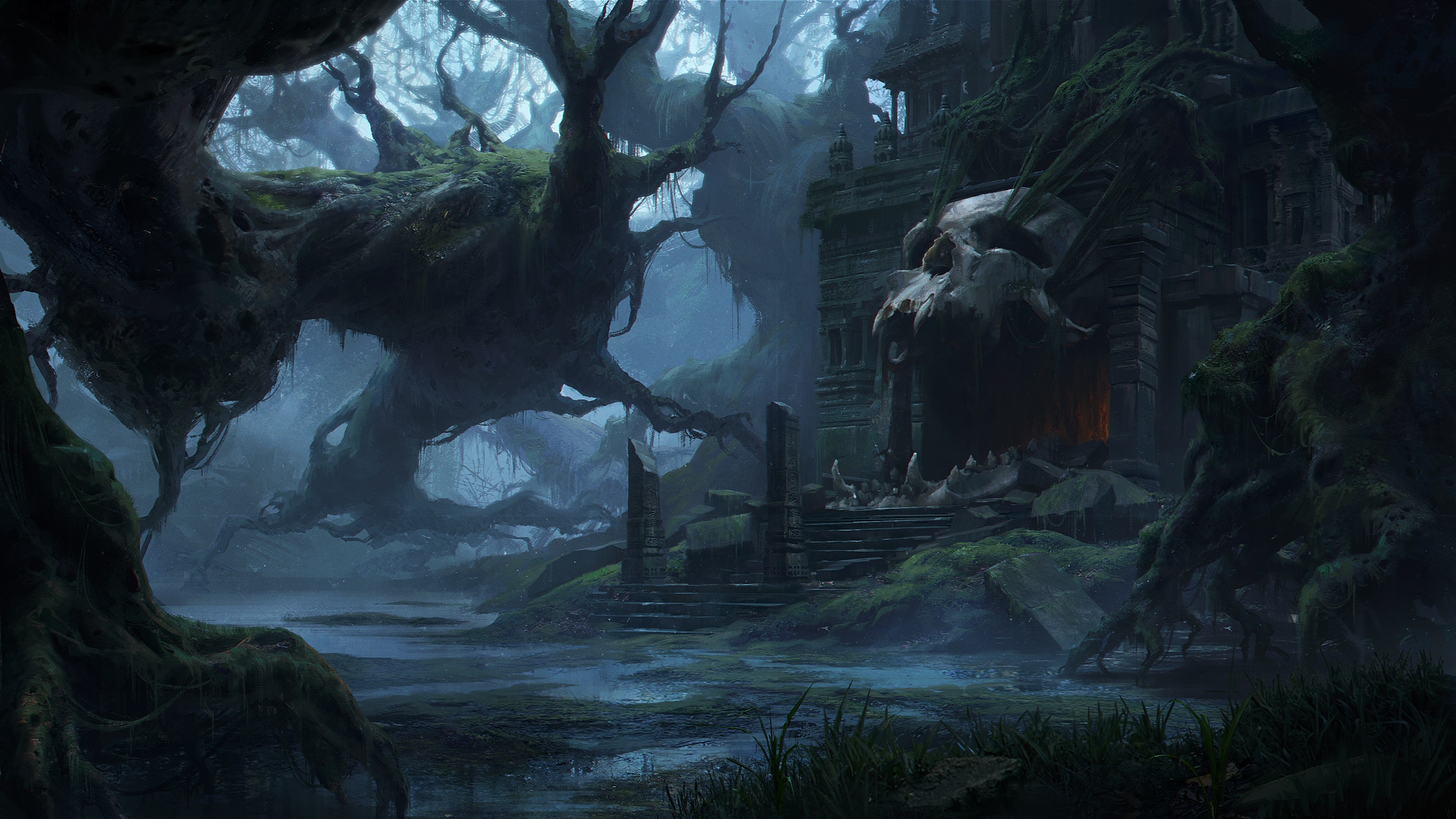 Swamp, Fantasy, Skull, 4K, Dark, Temple, HD Wallpaper