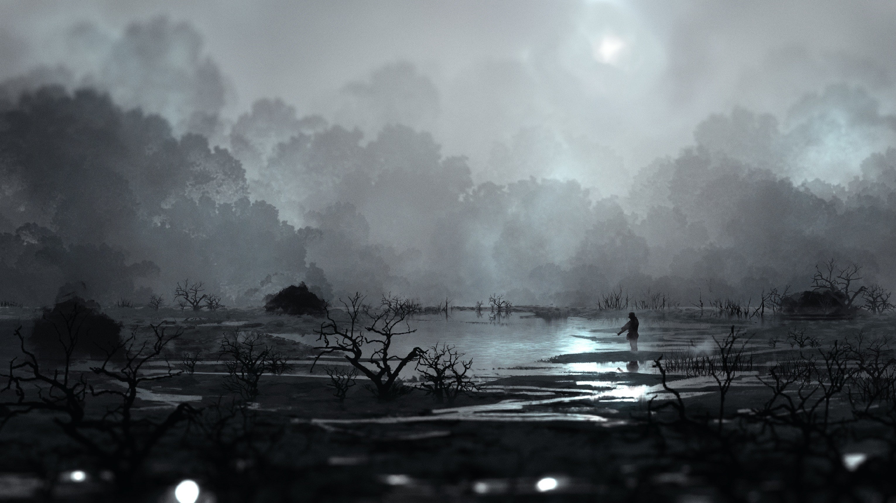 swamp, dark, grey, 2K, artwork, landscape, HD Wallpaper