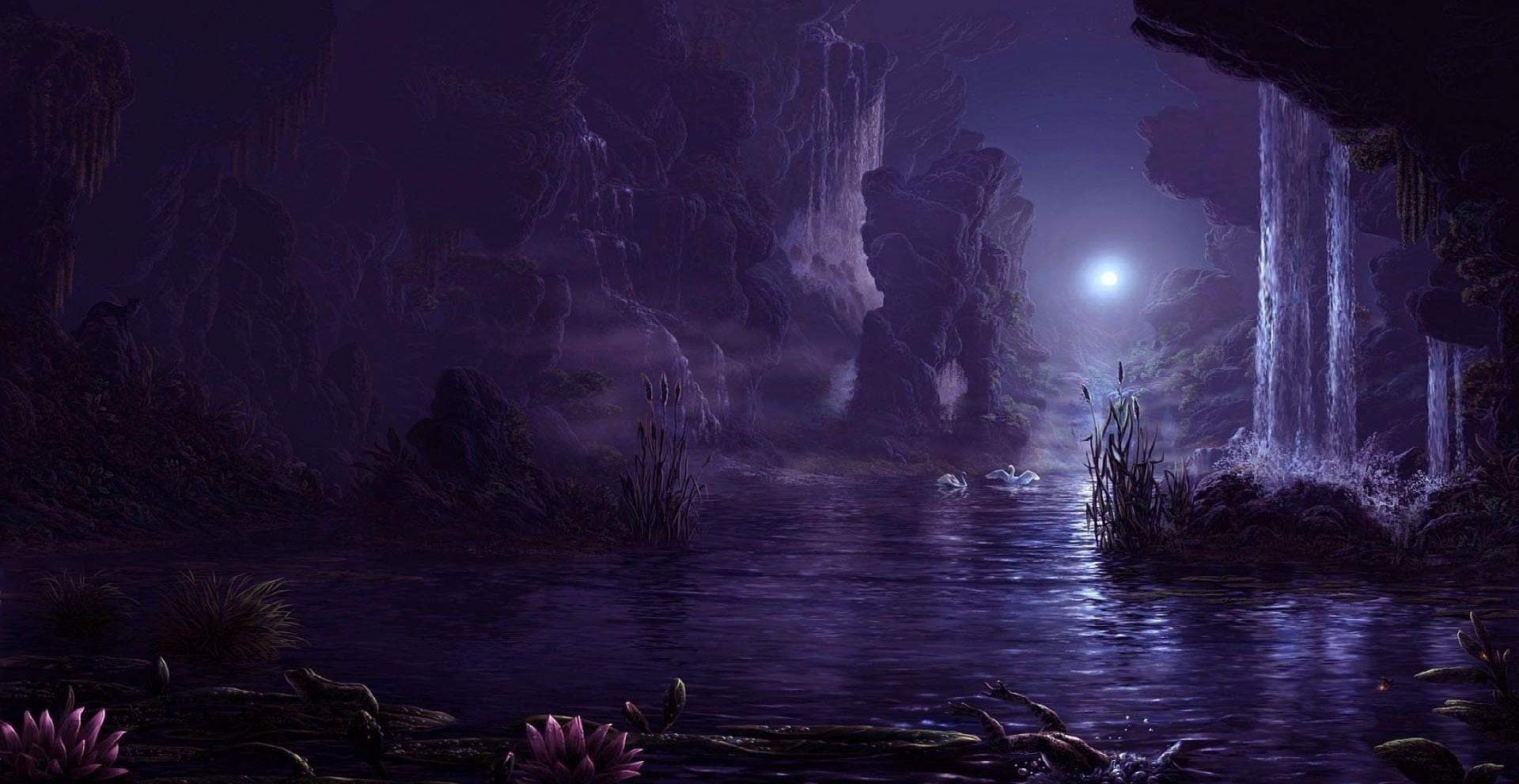 fog, environment, nature, 1080P, moonlight, non-urban scene, Moon, water, solid, scenics - nature, swamp, tranquility, plant, reflection, no people, beauty in nature, HD Wallpaper