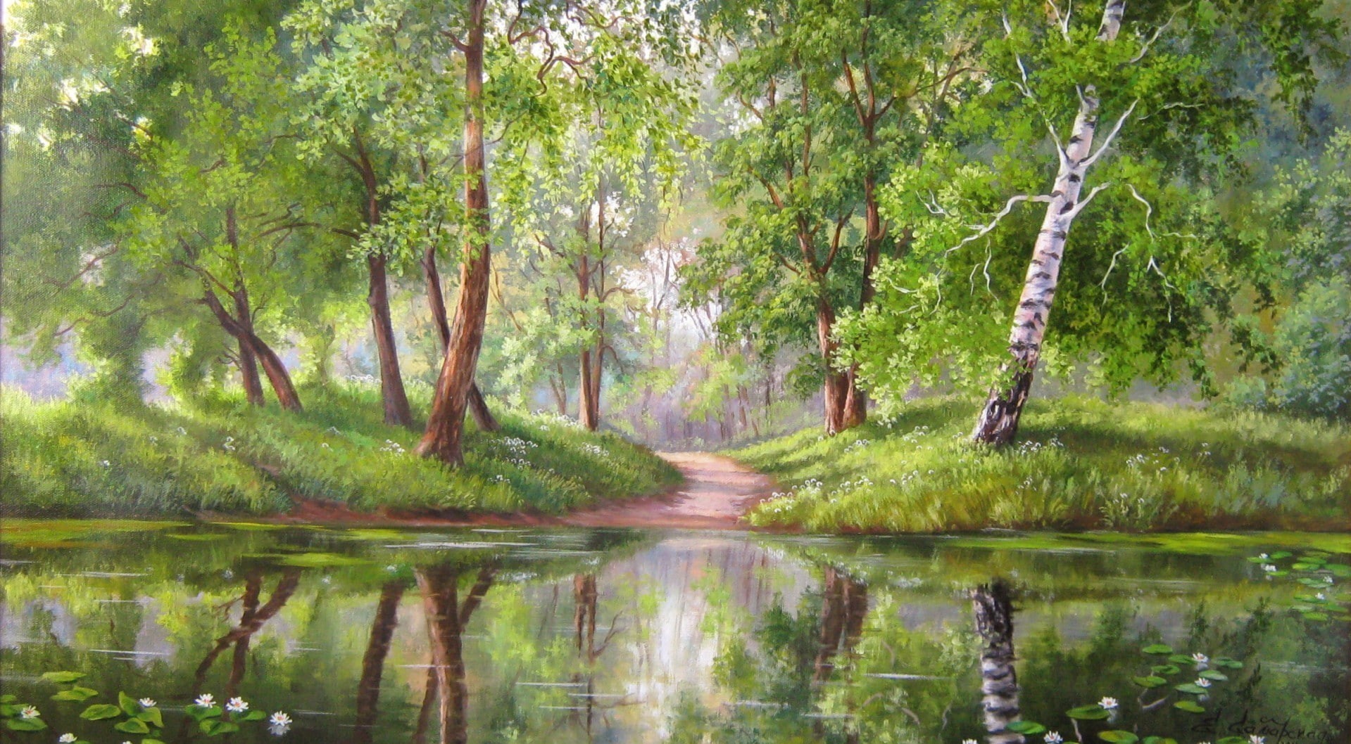 waterfront, painting, day, trees, tranquil scene, beauty in nature, reflection, plant, growth, lush foliage, land, forest, lake, outdoors, 720P, green color, HD Wallpaper
