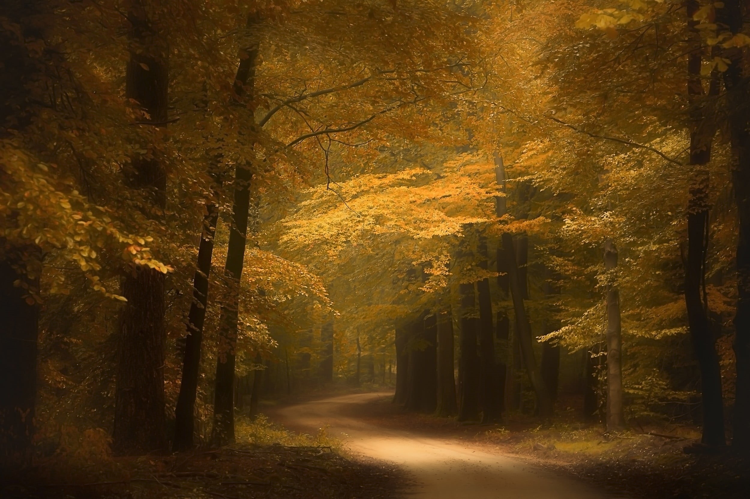 woodland, the way forward, branch, park - Man Made Space, orange Color, painting, photography, sunset, october, tree, road, forest, environment, landscape, HD Wallpaper