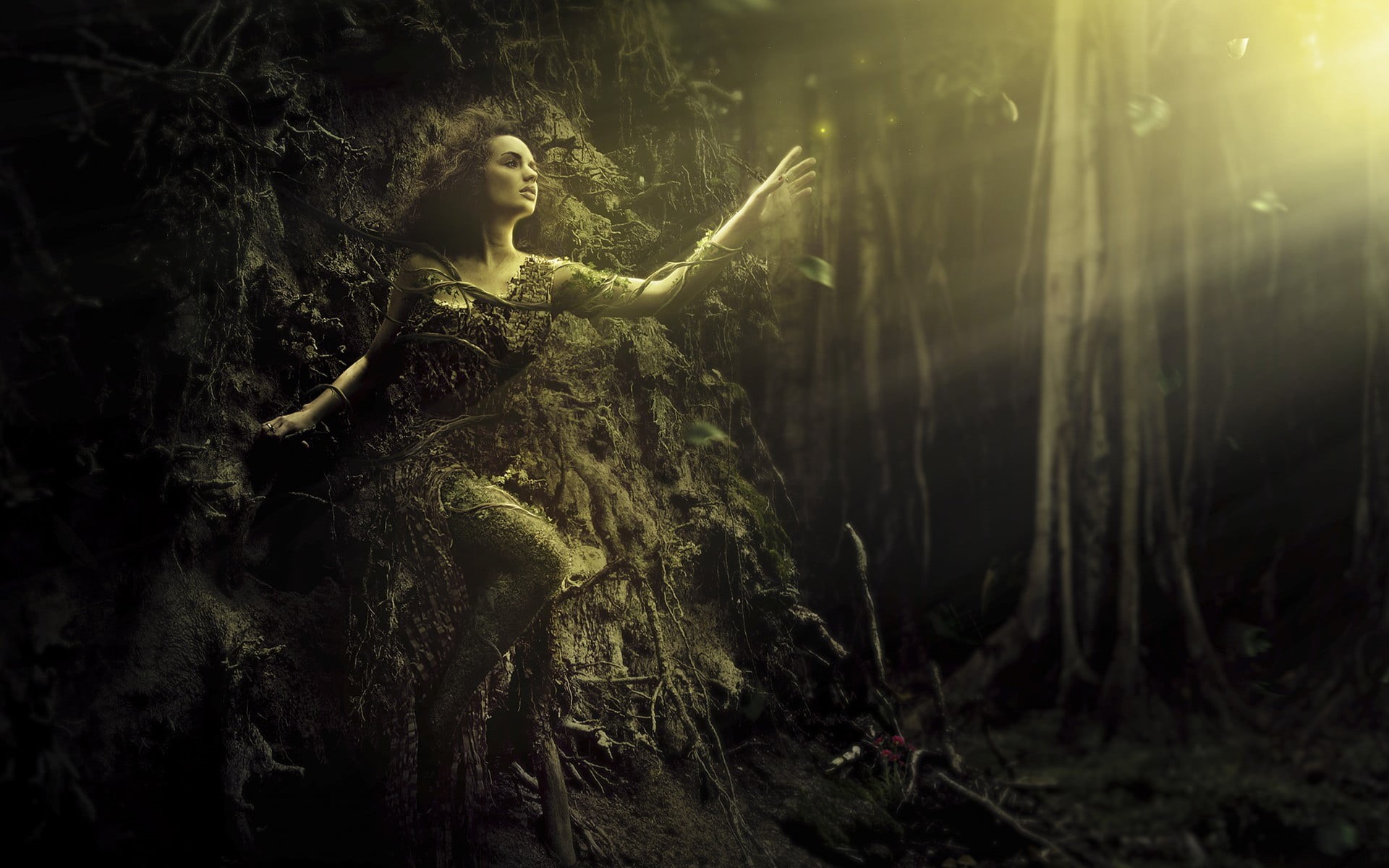 forest, statue, women, spirituality, outdoors, trees, looking, artwork, digital art, 1080P, nature, religion, land, tree, real people, adult, roots, plant, HD Wallpaper