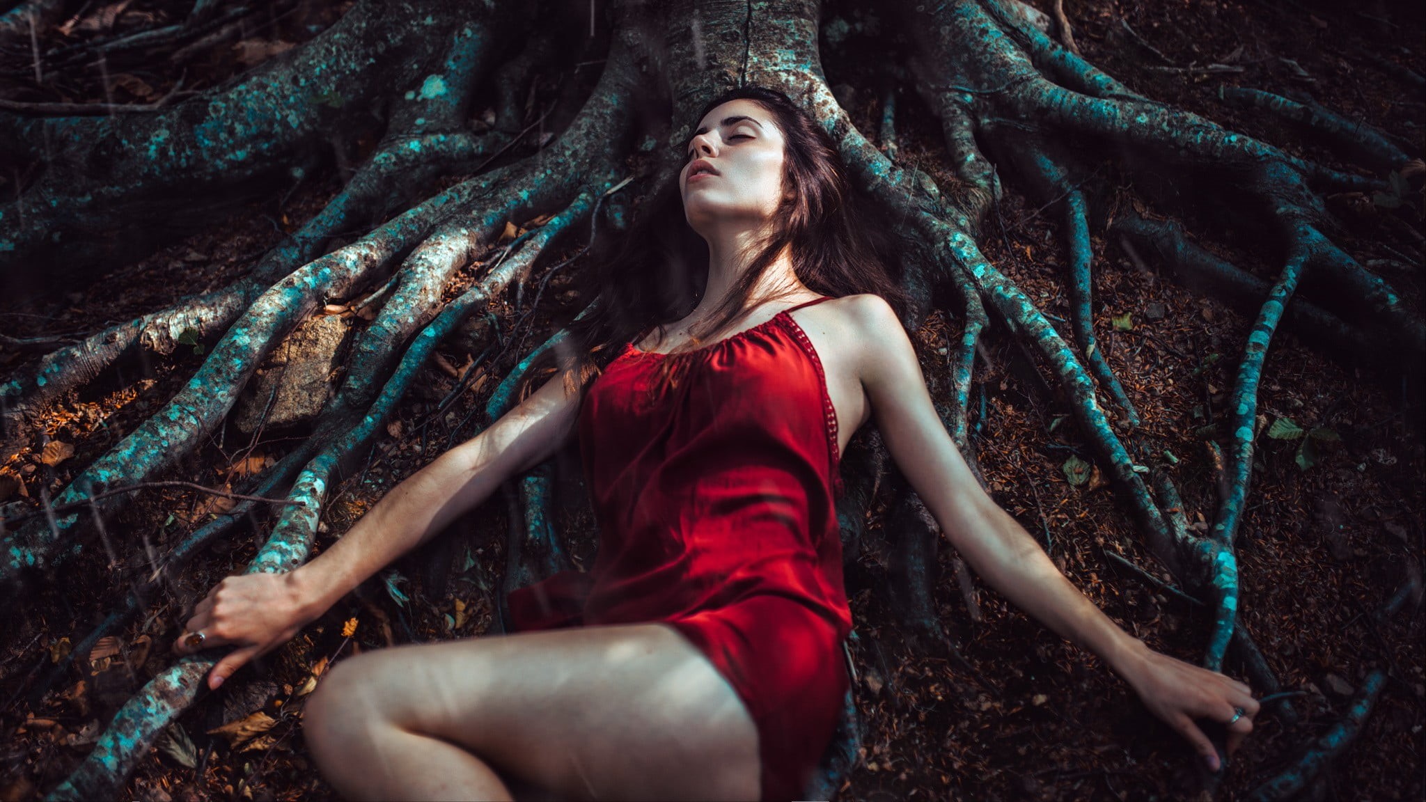 beauty, legs, adult, lying down, contemplation, young women, hair, long hair, young adult, dress, portrait, forest, woodland, 1080P, three quarter length, HD Wallpaper