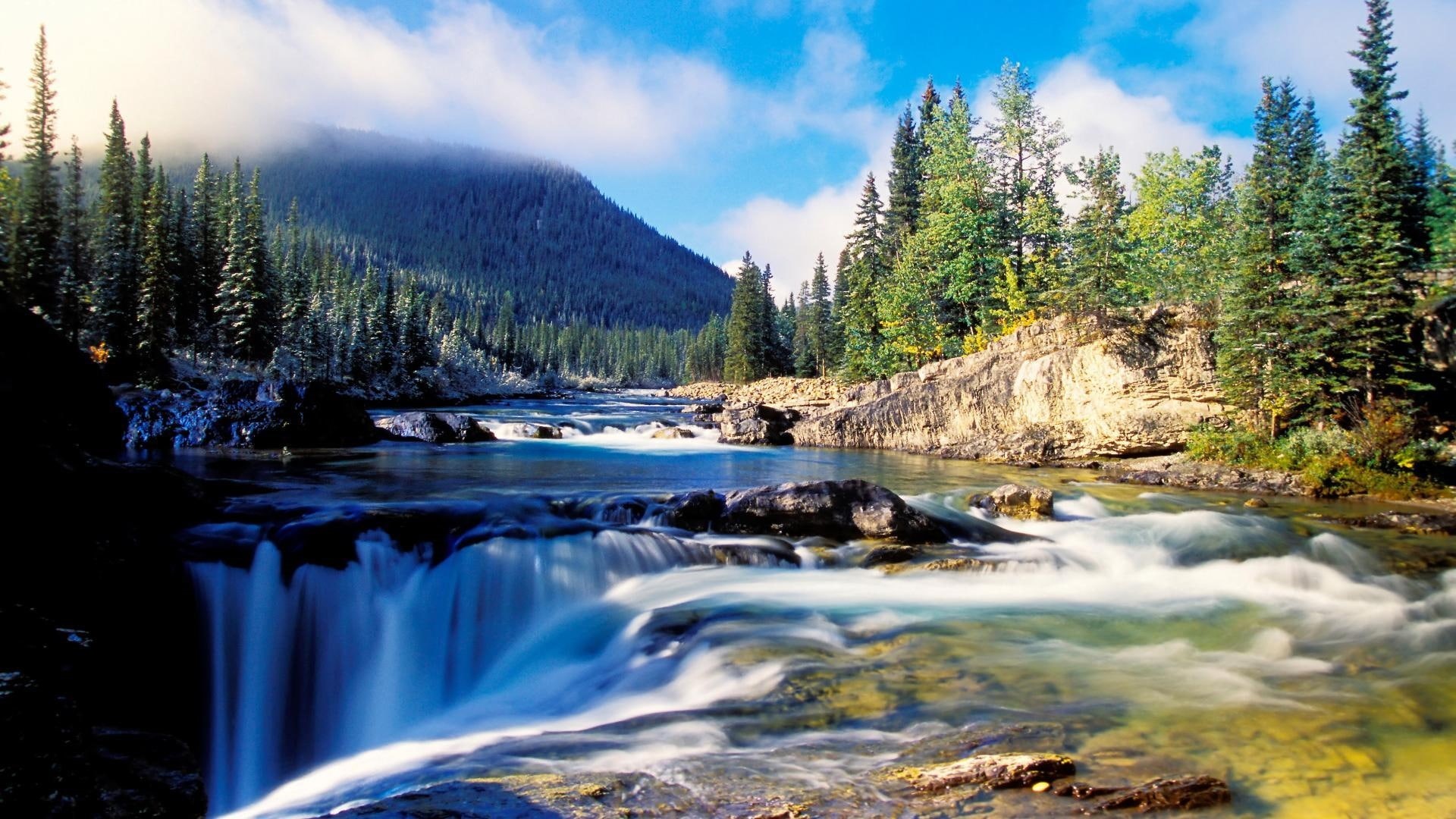 Spruce, Scenery, River, 1080P, Forest, Waterfalls, Thick, Rocks, Mountain, Nature, HD Wallpaper