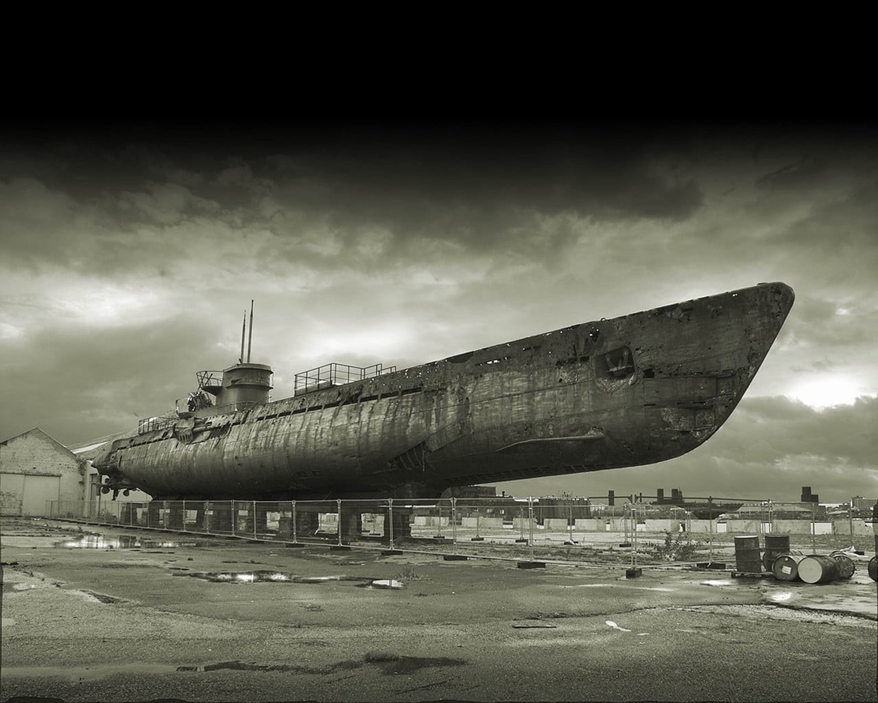 sky, 720P, sepia, building exterior, gray, nature, industry, water, vehicle, military, nautical vessel, abandoned, air vehicle, airplane, travel, outdoors, HD Wallpaper