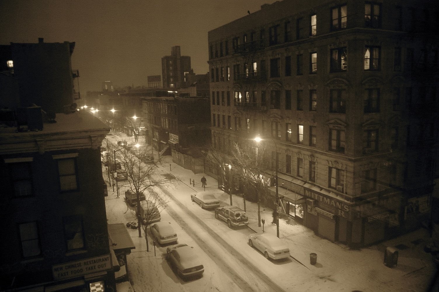 street, building, city life, residential district, snowing, land vehicle, calm, snow, nature, New York City, built structure, high angle view, cityscape, HD Wallpaper