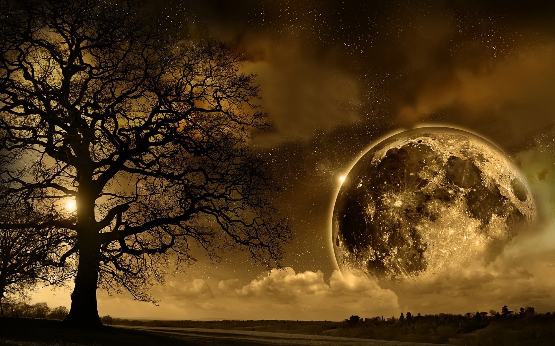 sepia, Moon, fantasy art, nature, space, stars, landscape, 1080P, space art, sky, digital art, HD Wallpaper