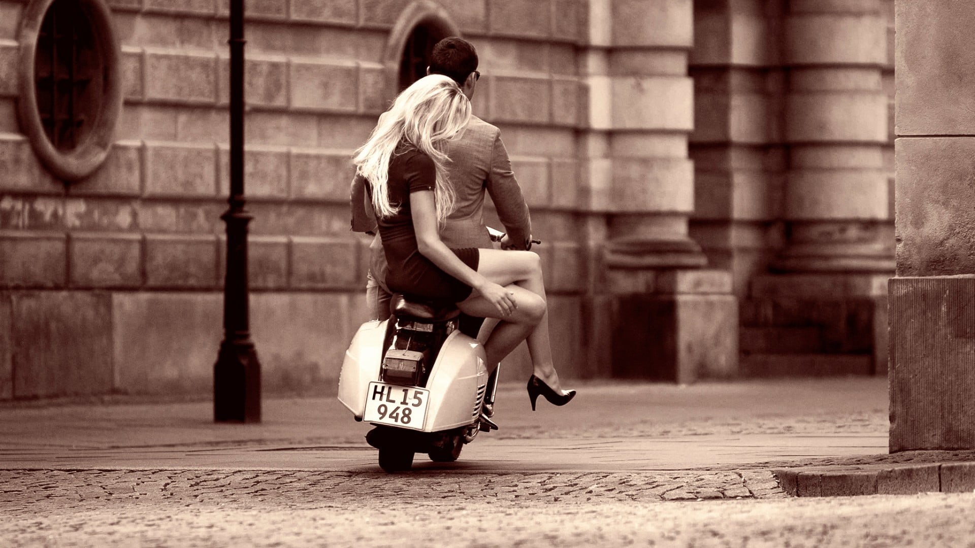 blonde, full length, urban, walking, sleeved, 1080P, sepia, women, black, street, men, mopeds, architecture, short, dress, mini, adult, real people, building exterior, HD Wallpaper