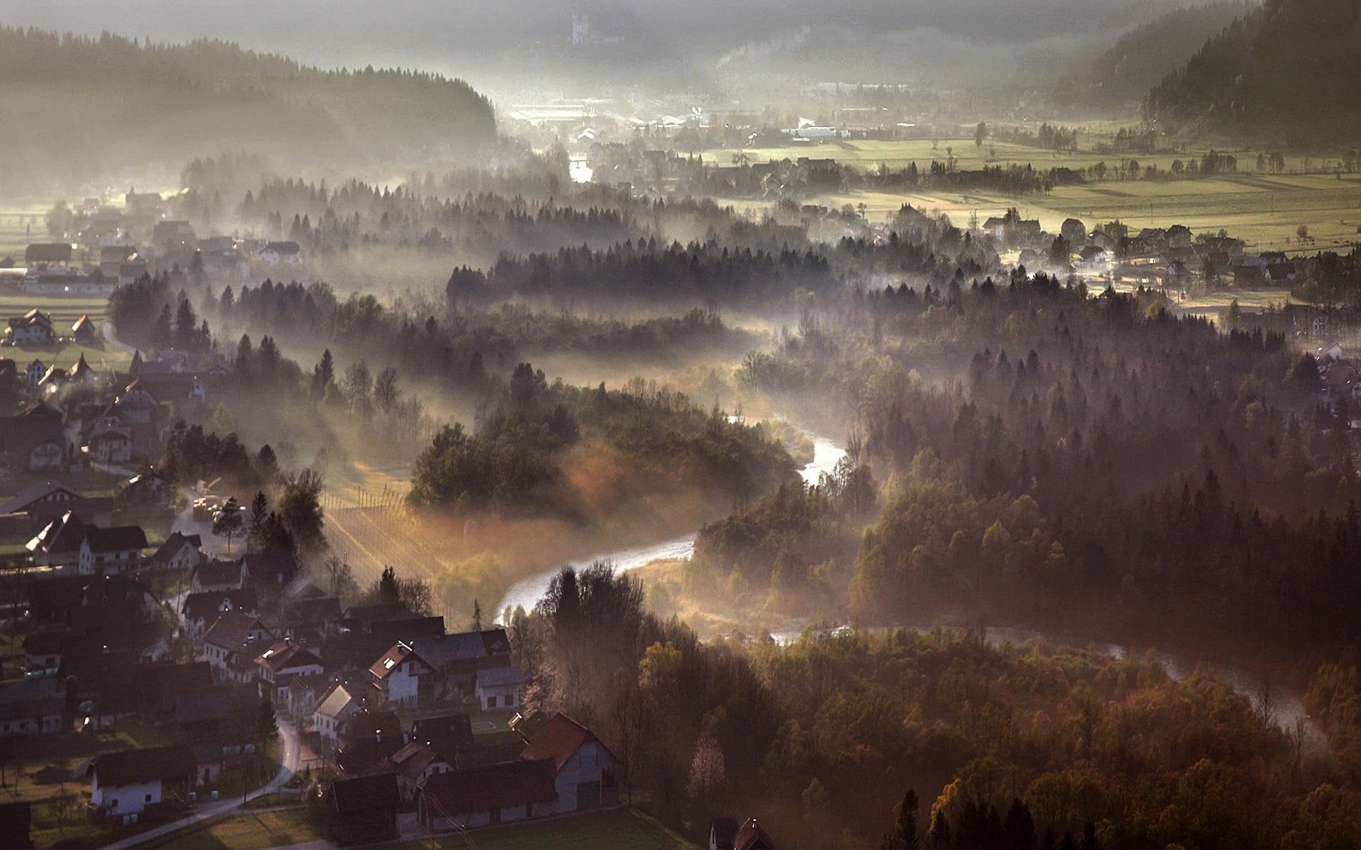no people, hazy, tranquil scene, aerial, house, 1080P, tress, morning, plant, aerial view, landscape, nature, scenics - nature, photography, river, beauty in nature, HD Wallpaper