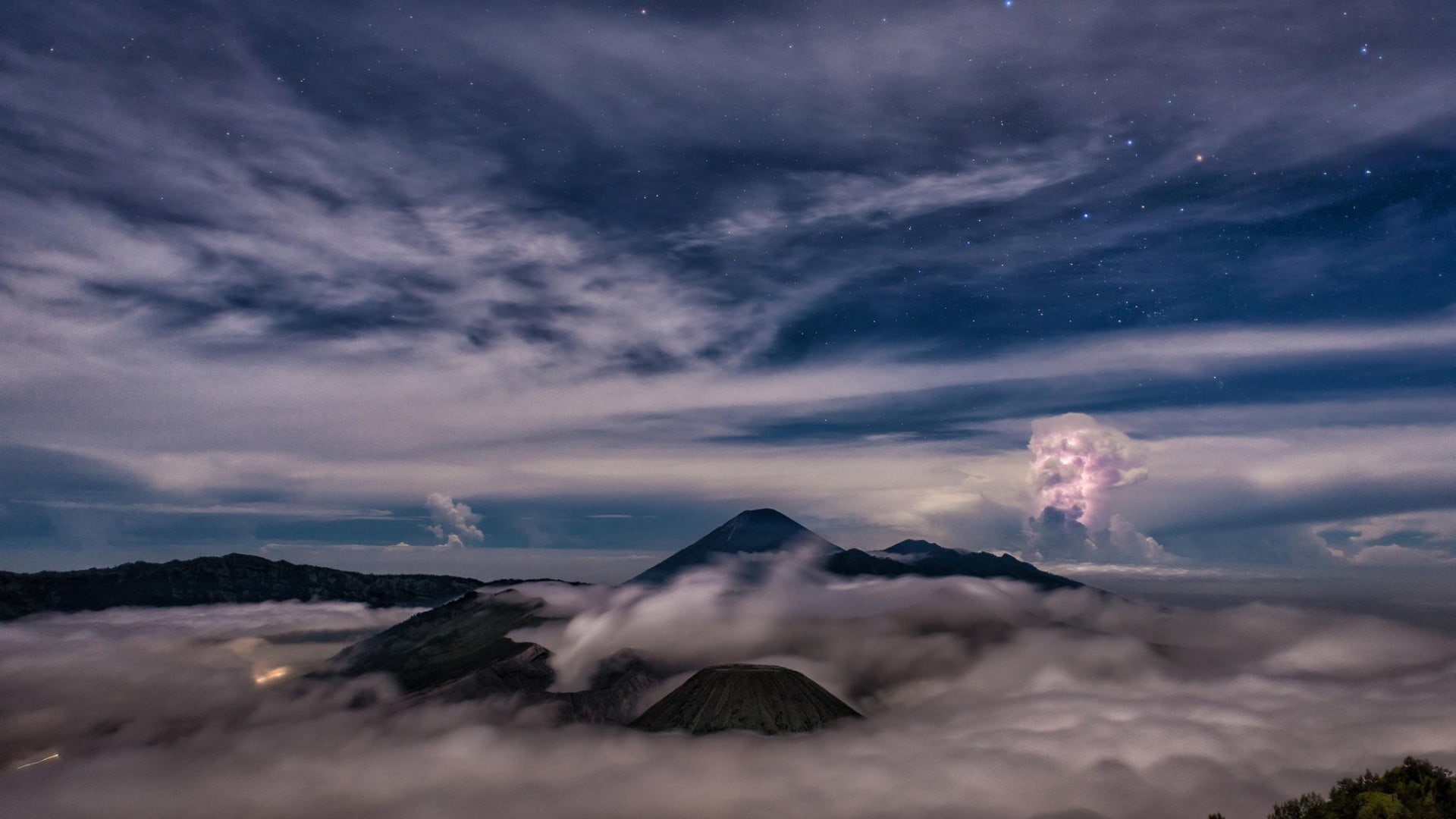 lights, mountain, trees, nature, tranquil scene, mountain range, daytime, land, clouds, mountains, mountain peak, volcano, volcanic landscape, stars, cloud - sky, HD Wallpaper