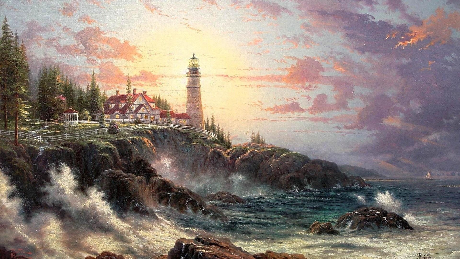 3d and abstract, kinkade, 2012, drawing, thomas, picture, 1080P, lighthouse, HD Wallpaper