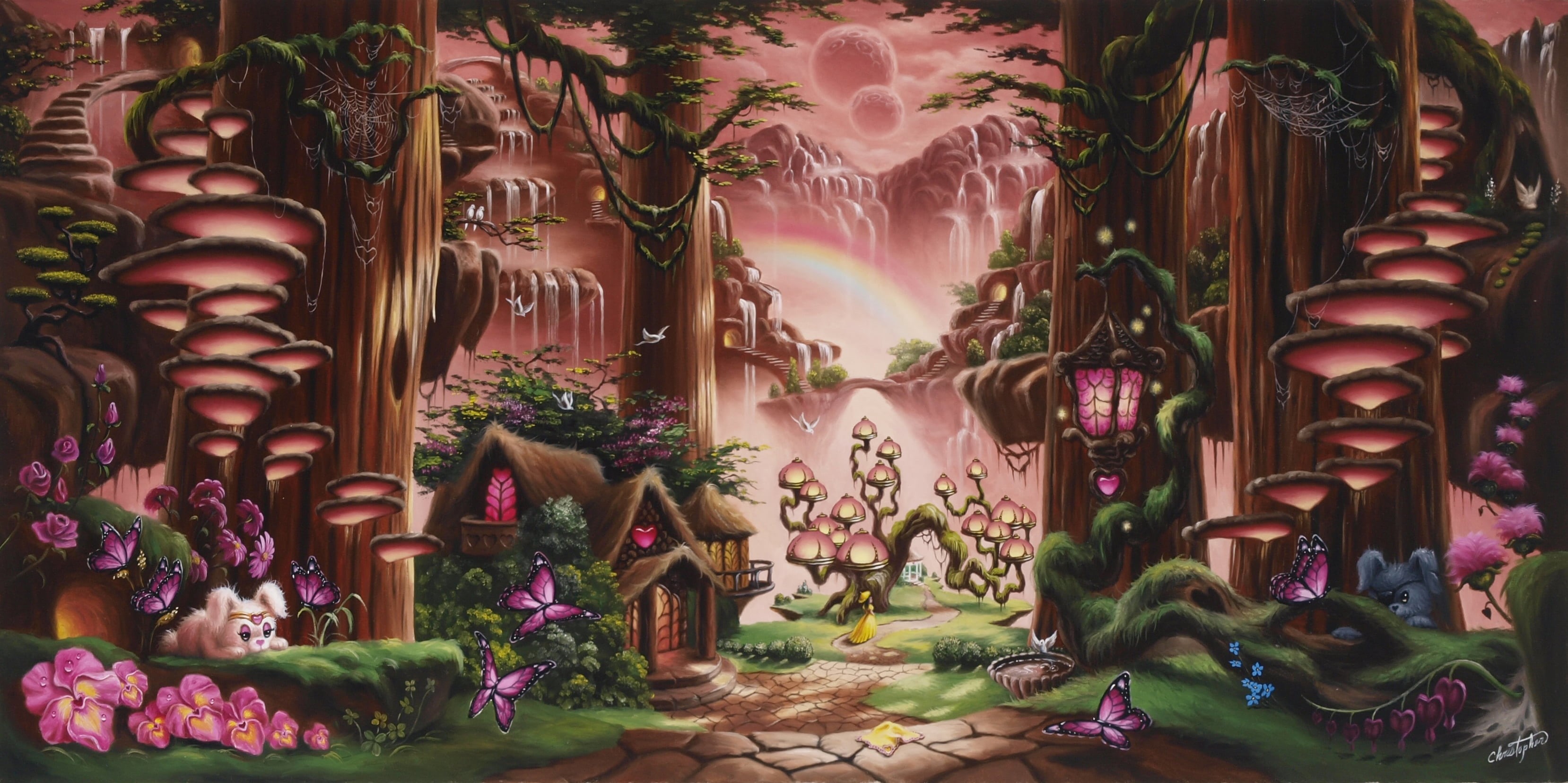 sunset, 2K, backgrounds, multi Colored, Rainbow cottage, fantasy, forest, lantern, sculpture, building, statue, Christopher Privilege, tree, representation, HD Wallpaper