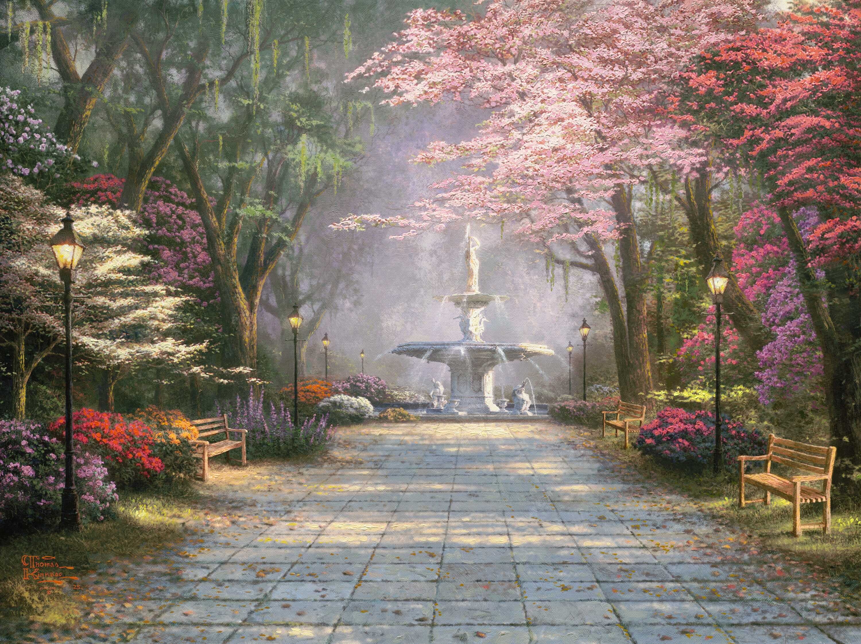 Thomas Kinkade, Park, alley, human representation, plant, the way forward, no People, nature, Mimosa, flower, park - Man Made Space, formal Garden, footpath, HD Wallpaper