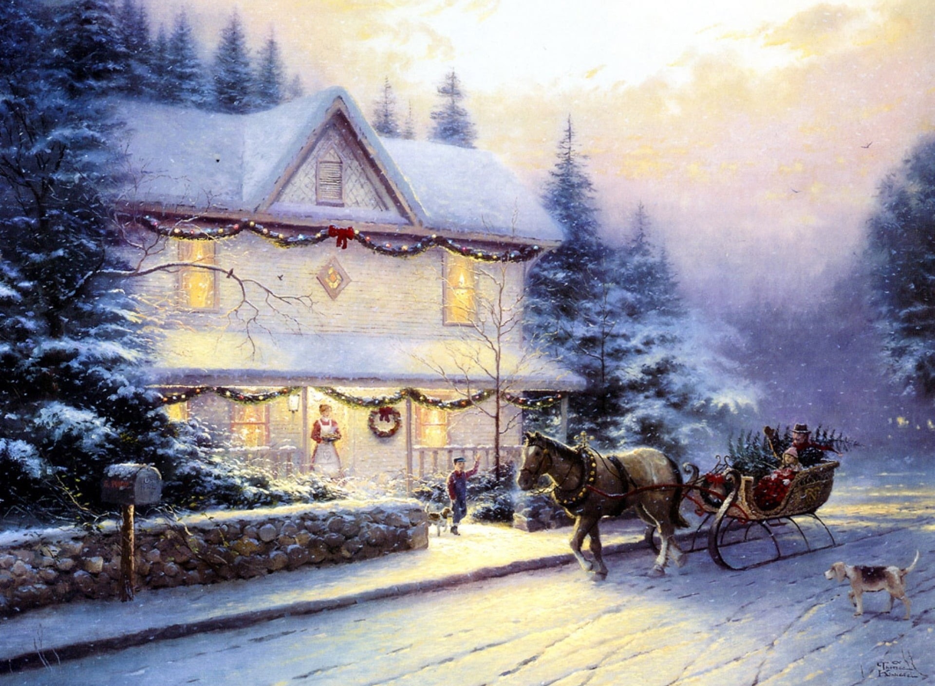 livestock, painting, non-Urban Scene, nature, Victorian Christmas IV, snowing, house, mammal, 1080P, retro Styled, road, old-fashioned, history, landscape, HD Wallpaper