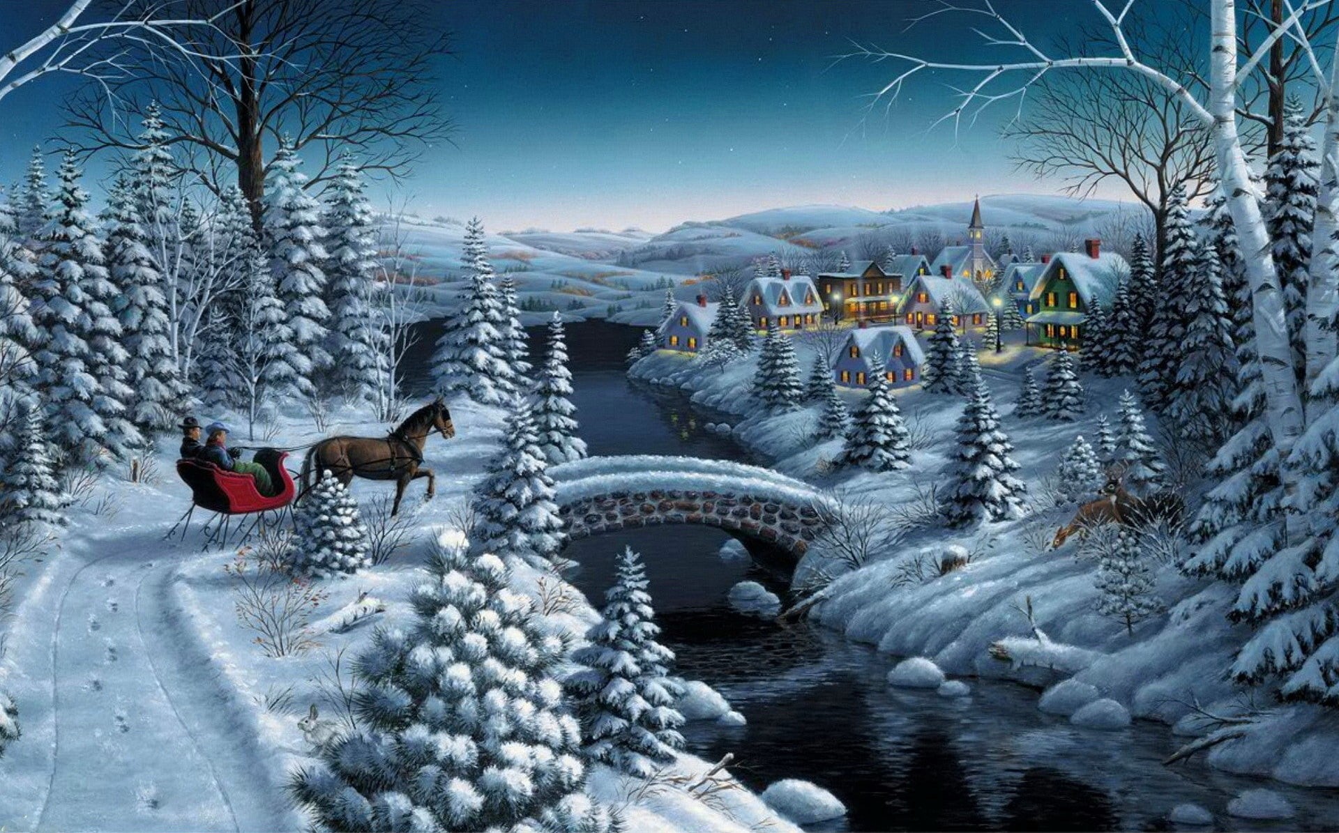 ice, Christmas, home, men, built structure, illustration, december, sky, painting, snow, stars, plant, day, blue, beauty In Nature, holiday, cold - Temperature, HD Wallpaper