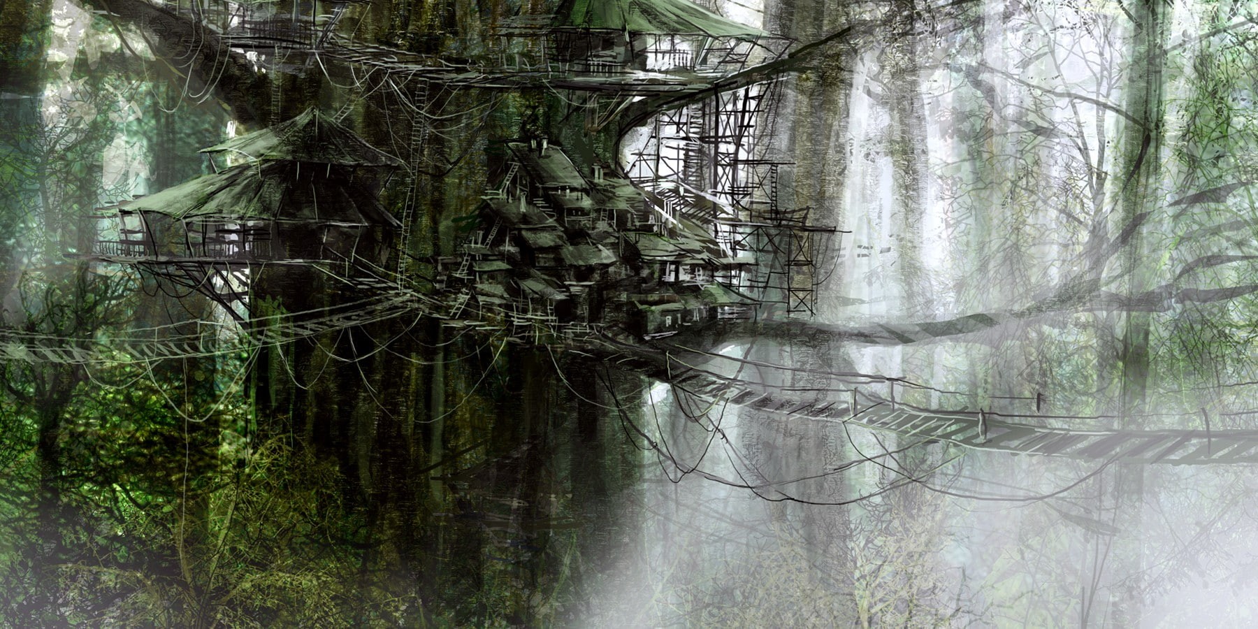 fantasy art, 720P, games, tree, ropes, kratos, 1800x900 px, digital art, plants, px, video, artwork, house, art, digital, fantasy, Pixelated, tree house, HD Wallpaper