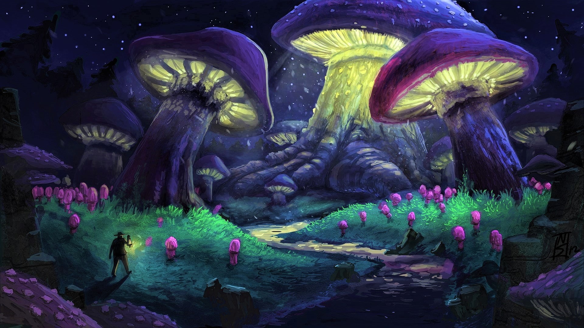 purple, night, mushroom, 1080P, forest, artistic, fantasy, HD Wallpaper