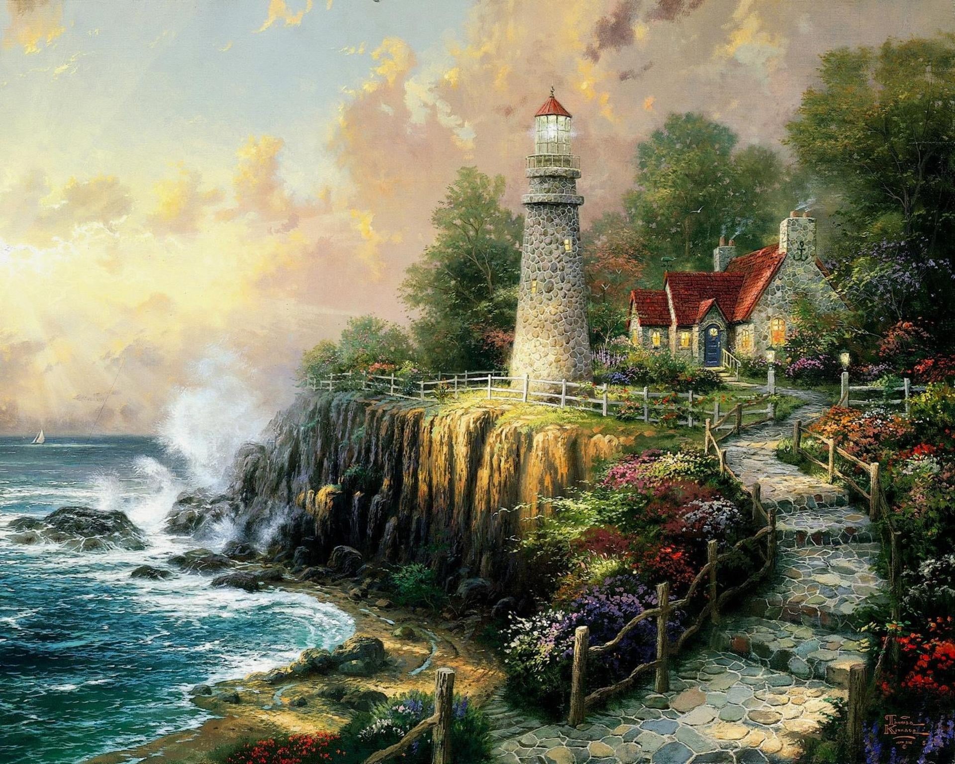 tourism, painting, landscape, tree, The light of Peace, no People, day, tower, beach, scenics - nature, house, seascape, history, cottage, guidance, fog, HD Wallpaper