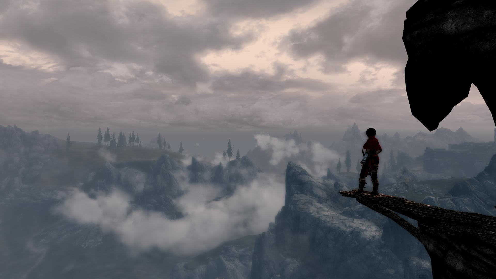 cold temperature, video games, sky, scenics - nature, cliff, architecture, leisure activity, mountain, beauty in nature, standing, winter, The Elder Scrolls V: Skyrim, HD Wallpaper
