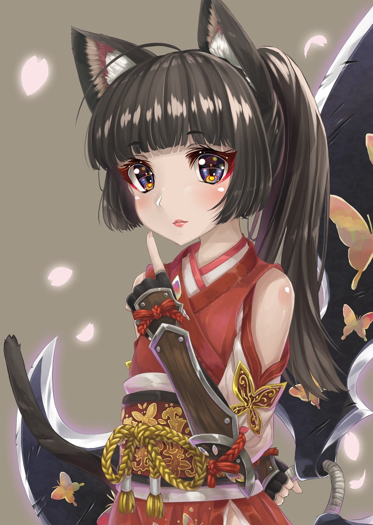 female likeness, tail, art and craft, weapon, creativity, male likeness, studio shot, costume, event, anime girls, human representation, looking at camera, Phone HD Wallpaper