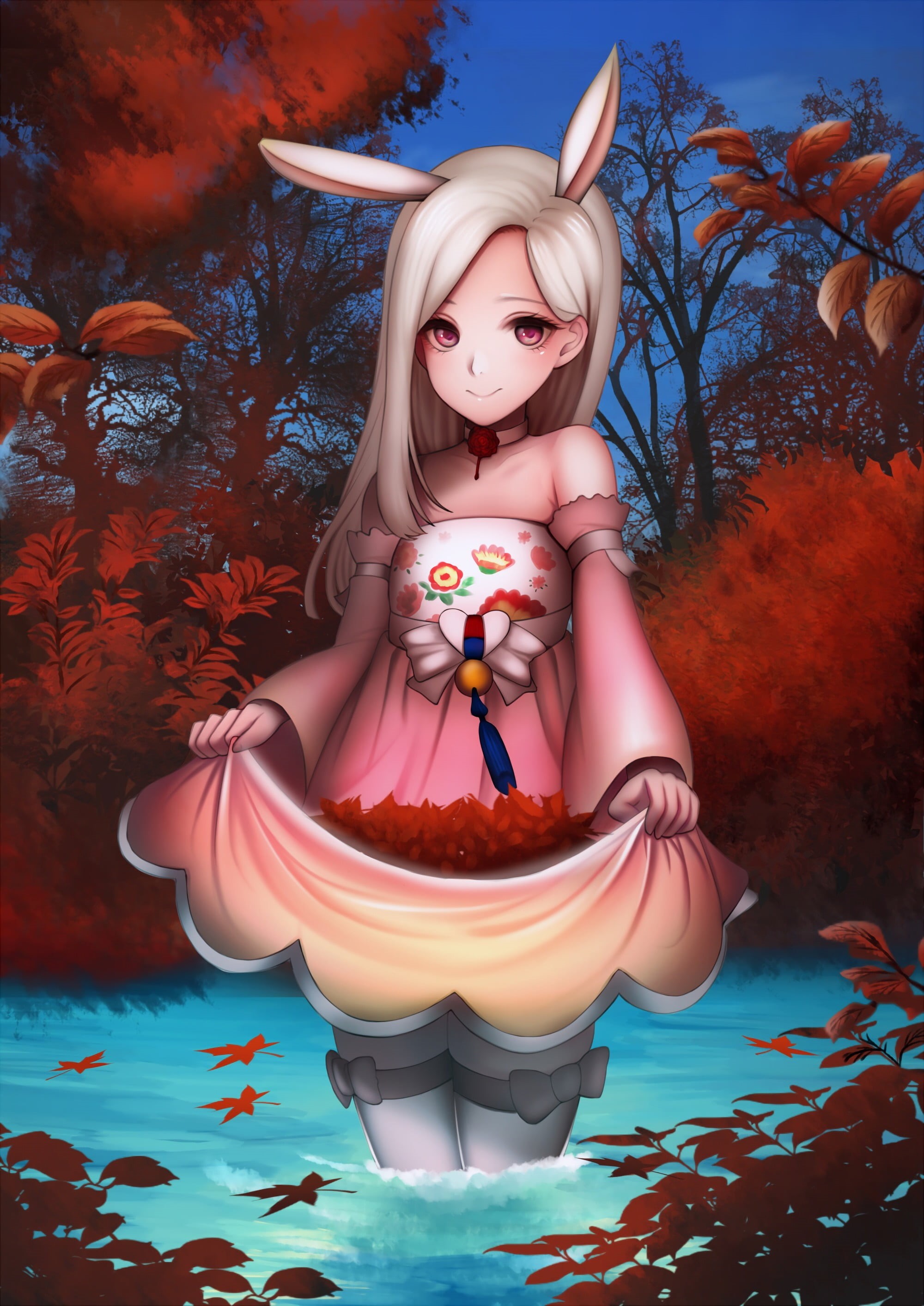 young adult, women, nature, clothing, plant, anime, autumn, outdoors, beauty, red eyes, tree, gray hair, representation, holiday, beautiful people, 2K, Phone HD Wallpaper