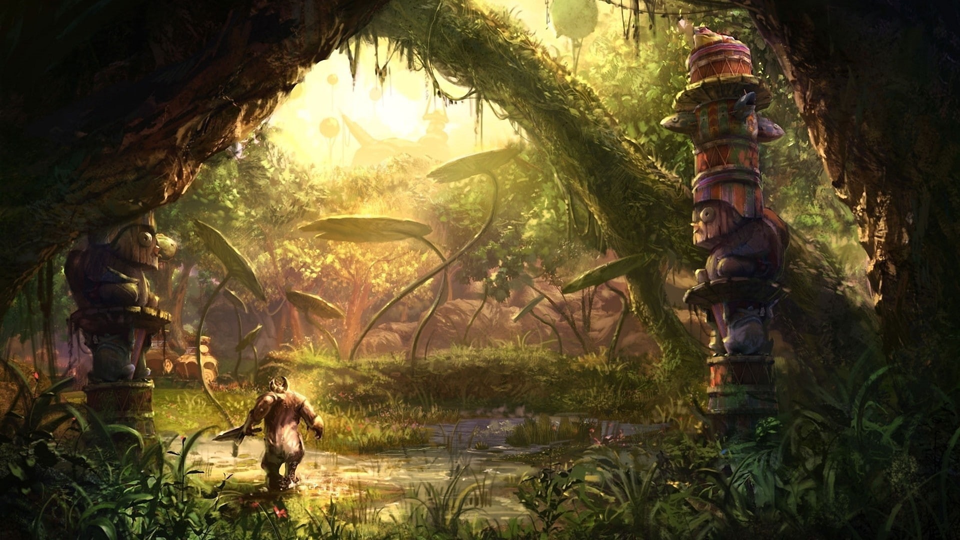 video games, monuments, artwork, digital art, dark, 1080P, Tera online, forest, plants, creature, trees, sunlight, fantasy art, HD Wallpaper
