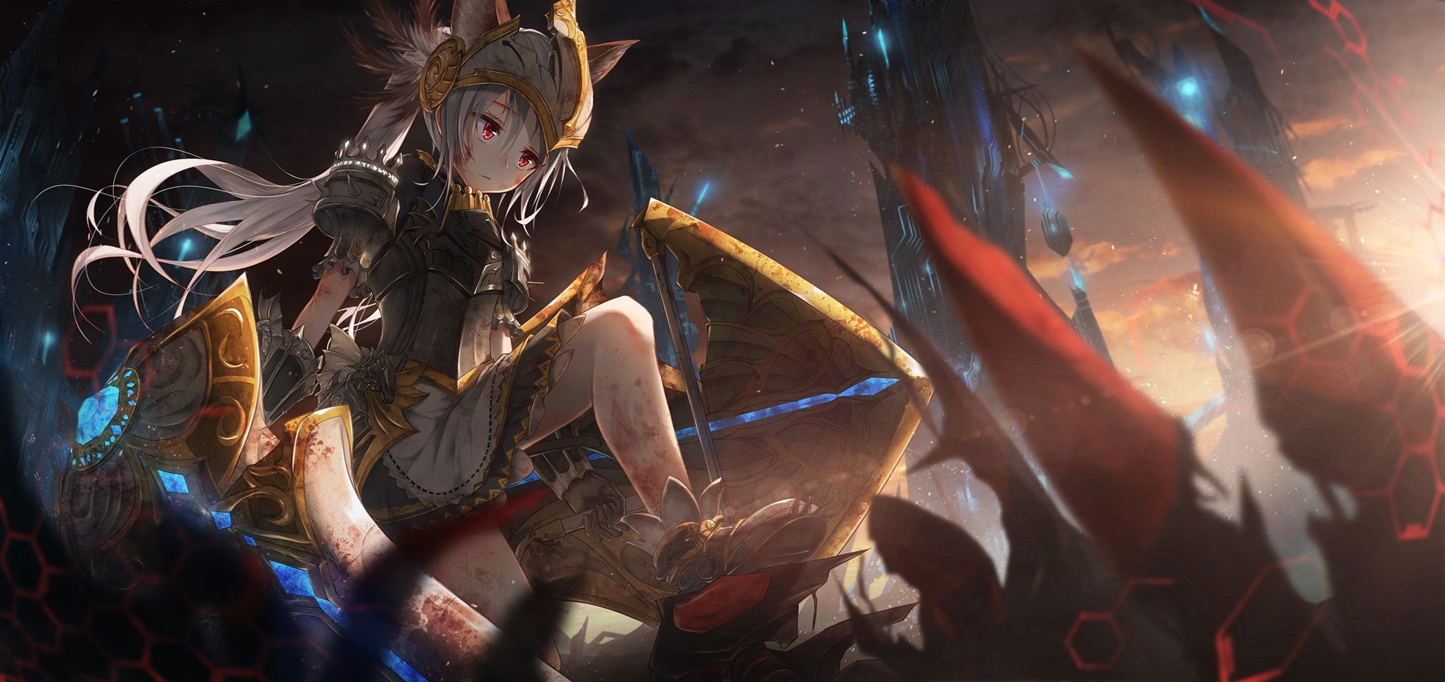 anime, red eyes, anime girls, armor, animal ears, dress, sword, Tera online, blood, 1080P, HD Wallpaper