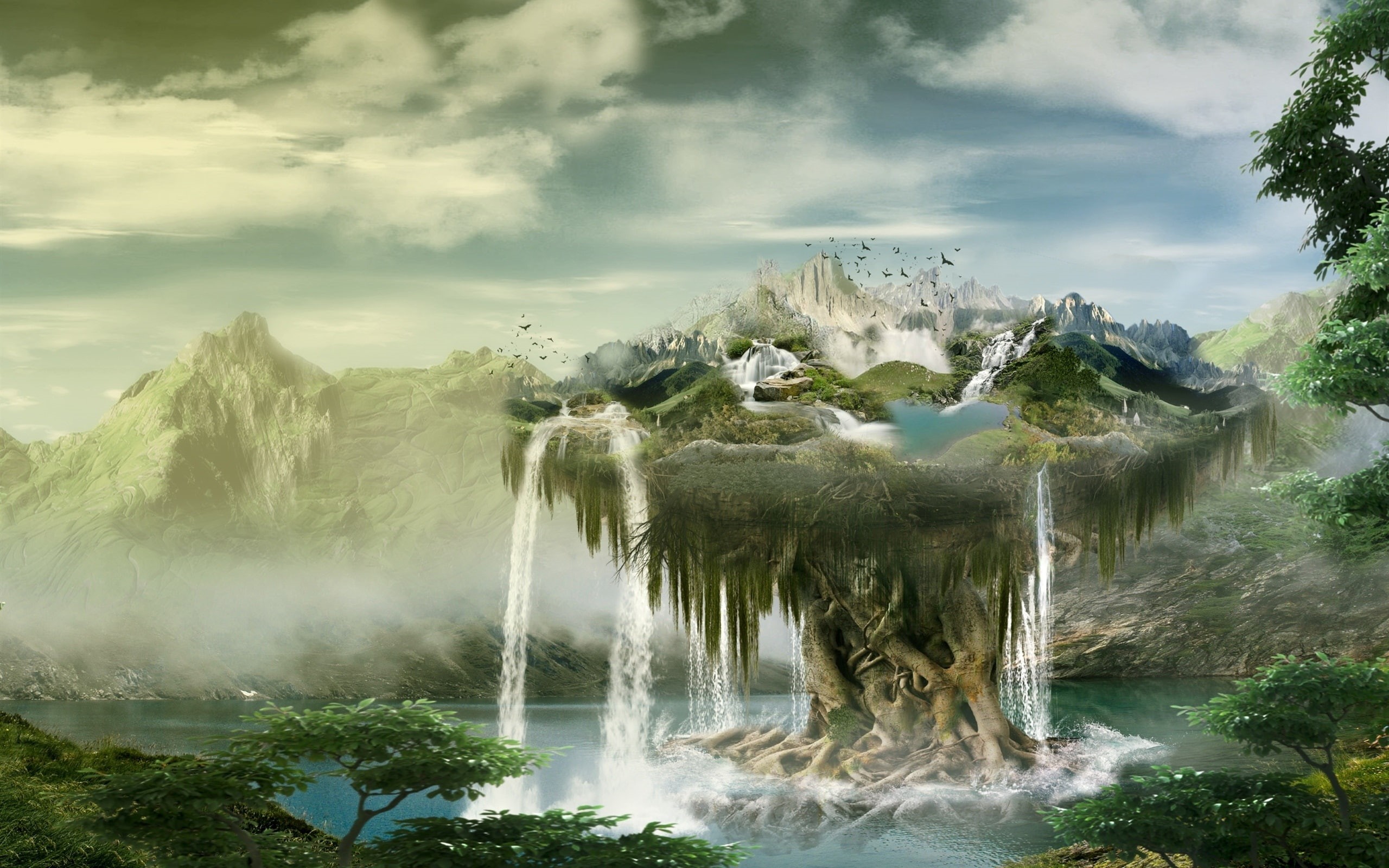 Waterfalls, 2K, Mountains, Birds, Creative, Island, Design, Clouds, Float, HD Wallpaper