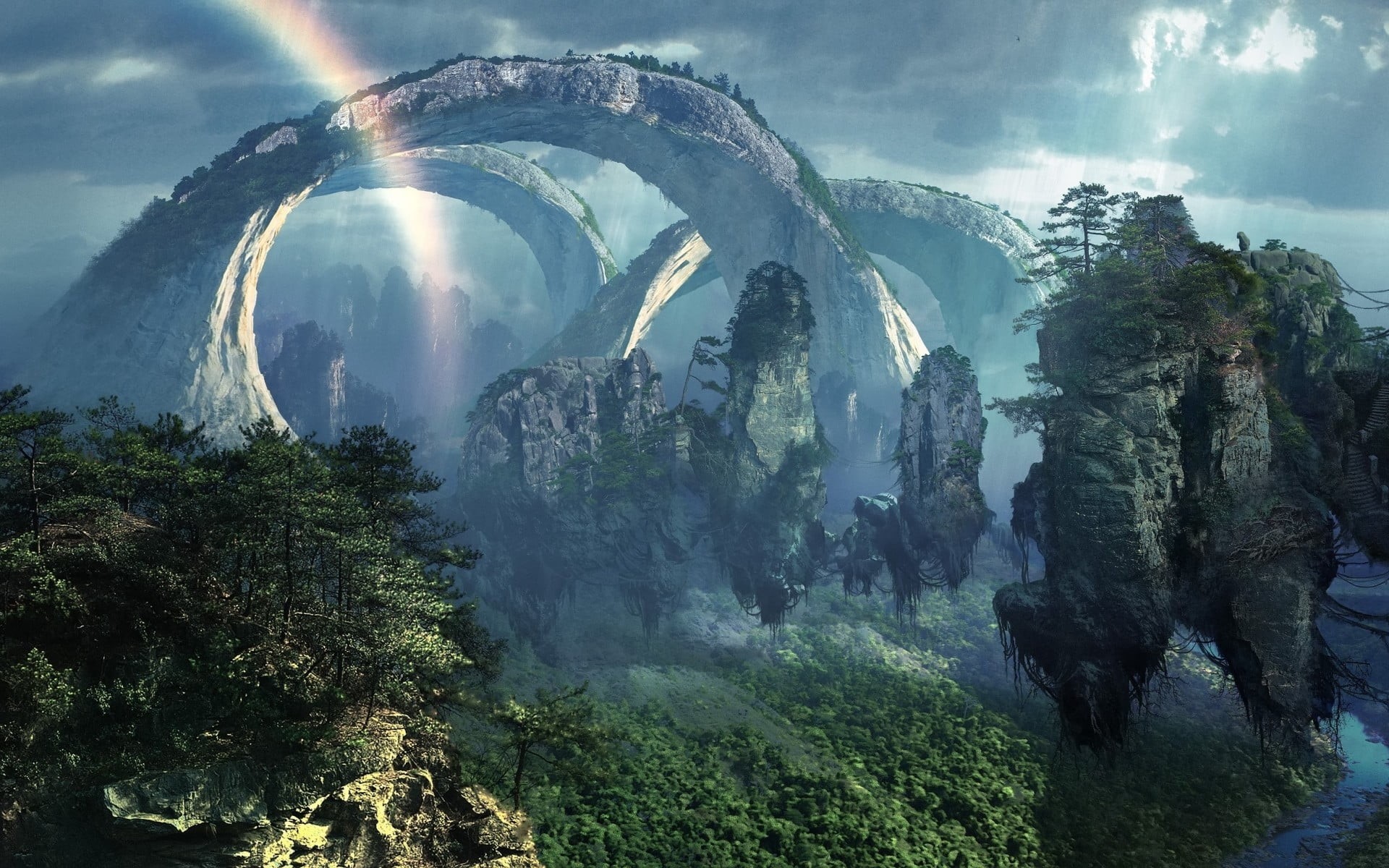beauty in nature, idyllic, mountain peak, sky, day, stones, 1080P, clouds, forest, cloud - sky, rainbow, digital art, fantasy art, Avatar, tranquil scene, HD Wallpaper