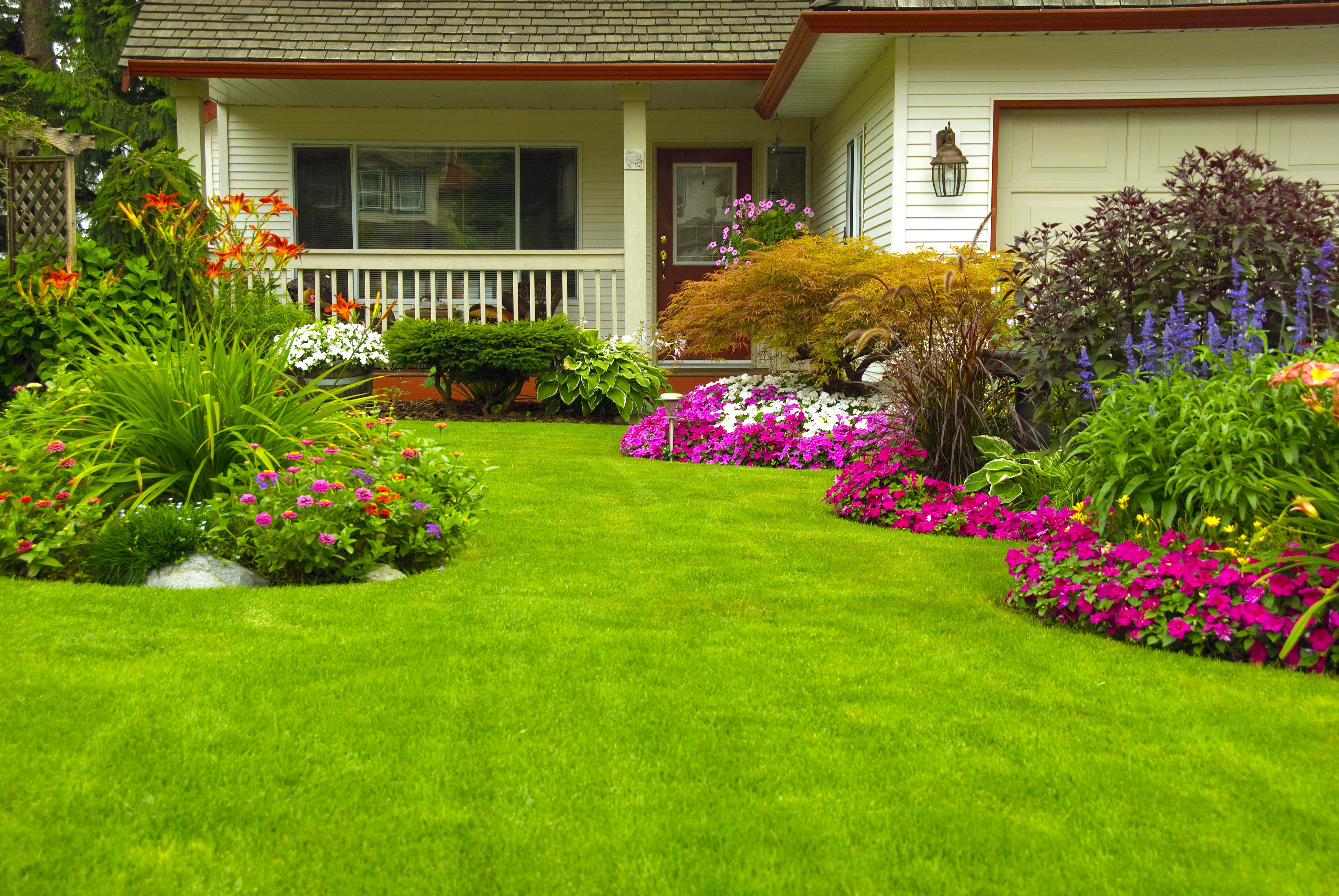 formal Garden, window, residential District, gardening, summer, beauty in nature, landscaped, plant, residential Building, day, lawn, flower arrangement, HD Wallpaper