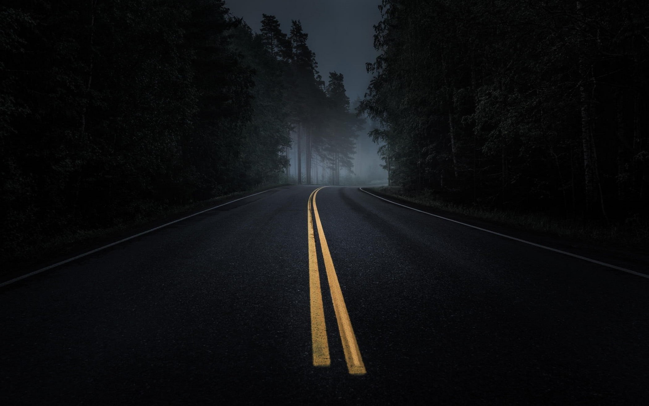 direction, mist, dark, long, vanishing point, road, the way forward, fog, road marking, symbol, yellow, no people, outdoors, night, transportation, plant, HD Wallpaper
