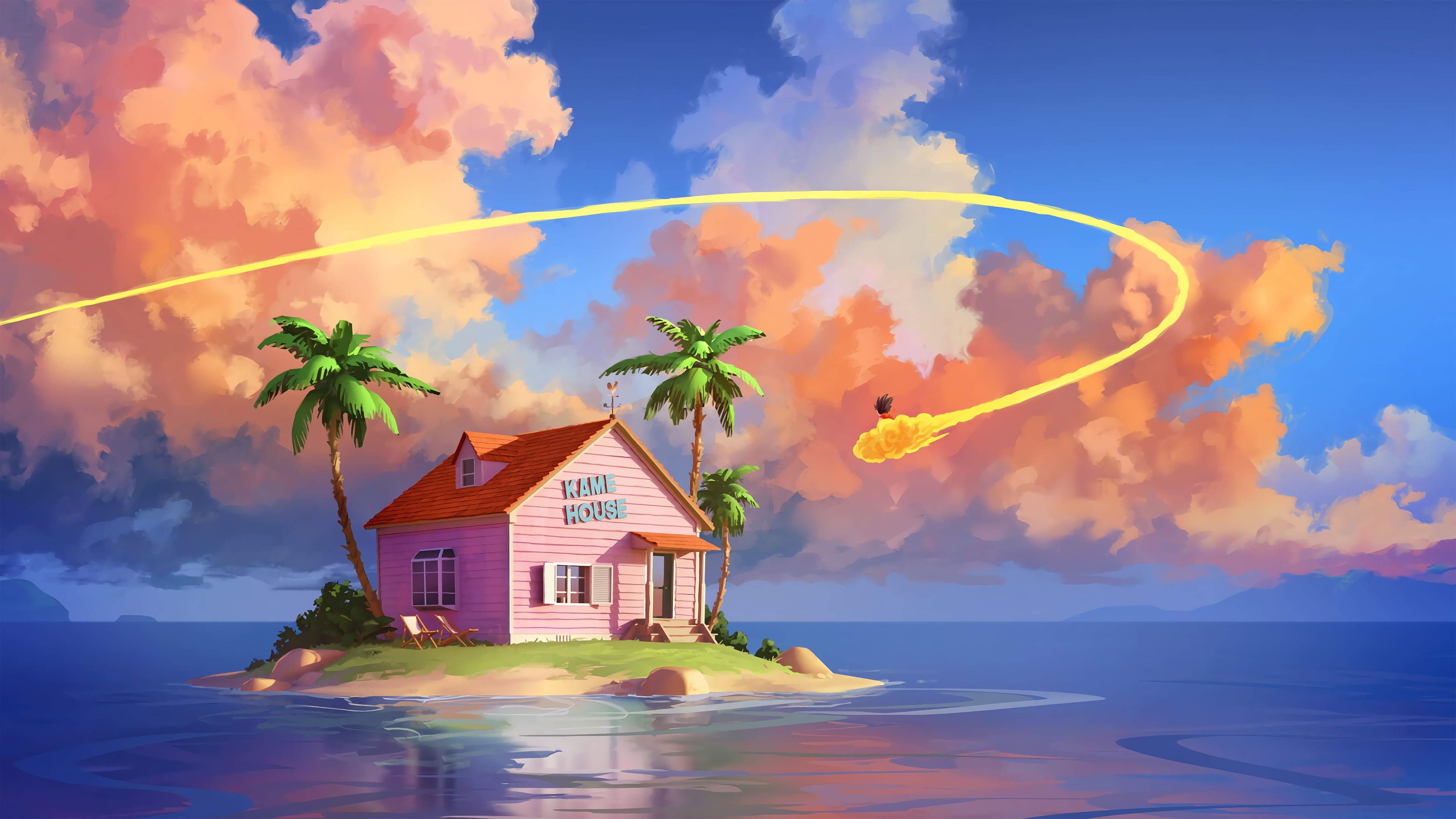 Dragon Ball Z, Dragon Ball, palm trees, Son Goku, anime, digital art, 4K, sea, clouds, island, HD Wallpaper