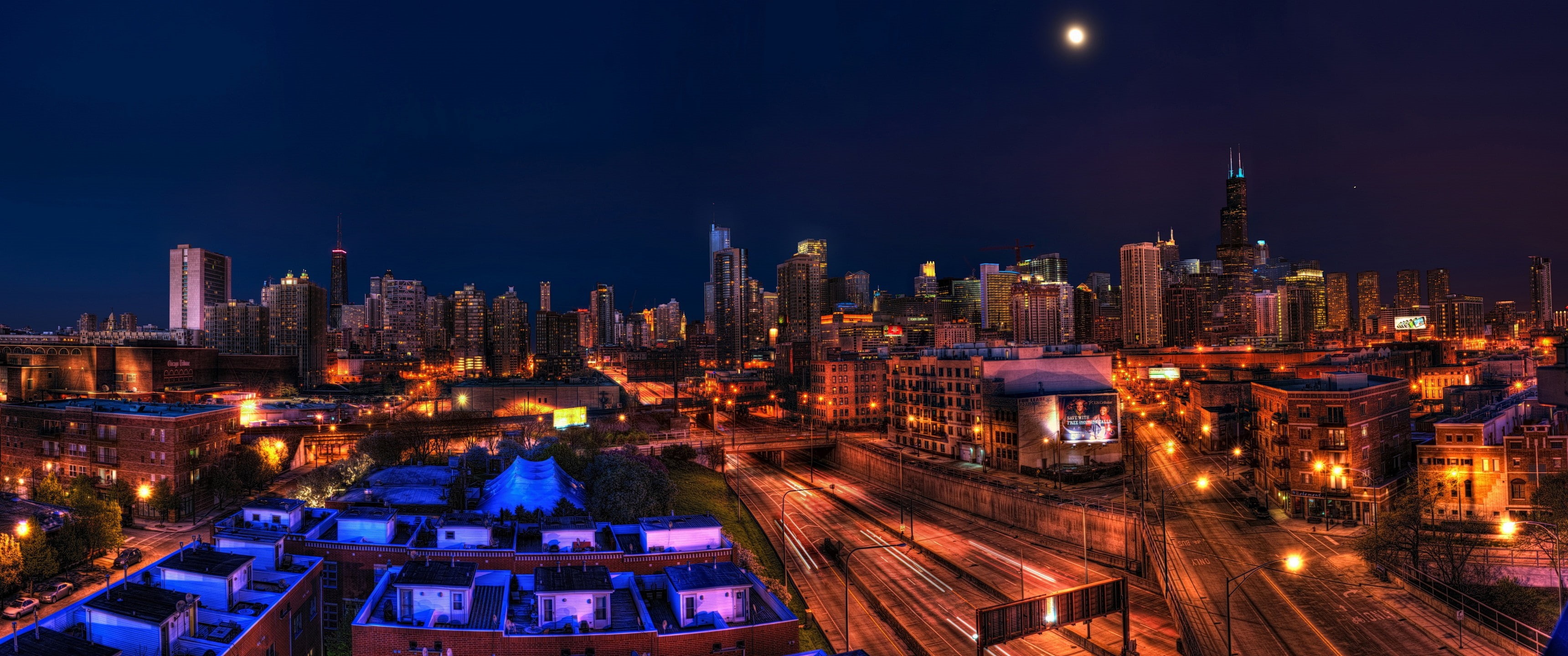 illuminated, 2K, transportation, no people, travel destinations, city life, building exterior, residential district, outdoors, ultrawide, landscape, Illinois, HD Wallpaper