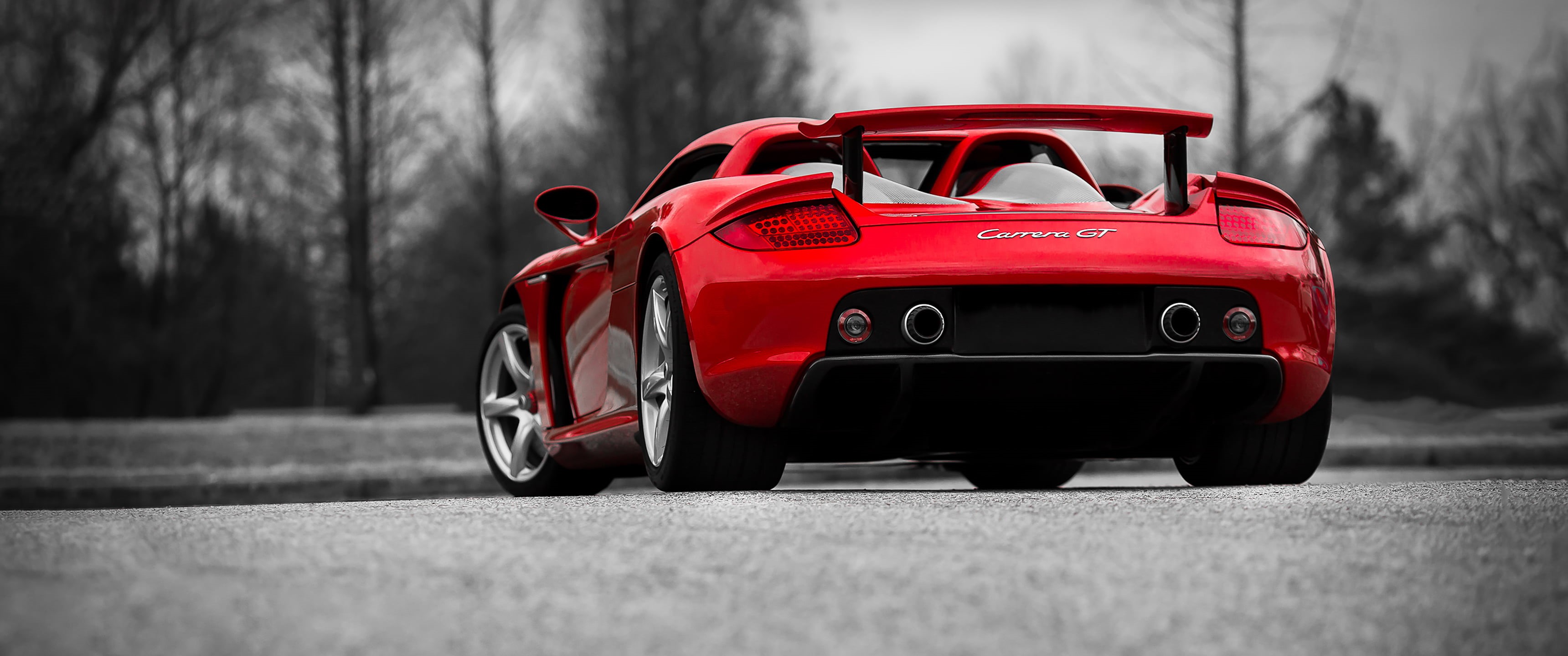 Porsche, ultra-wide, Carrera GT, Porsche Carrera GT, car, red, monochrome, 2K, ultrawide, HD Wallpaper