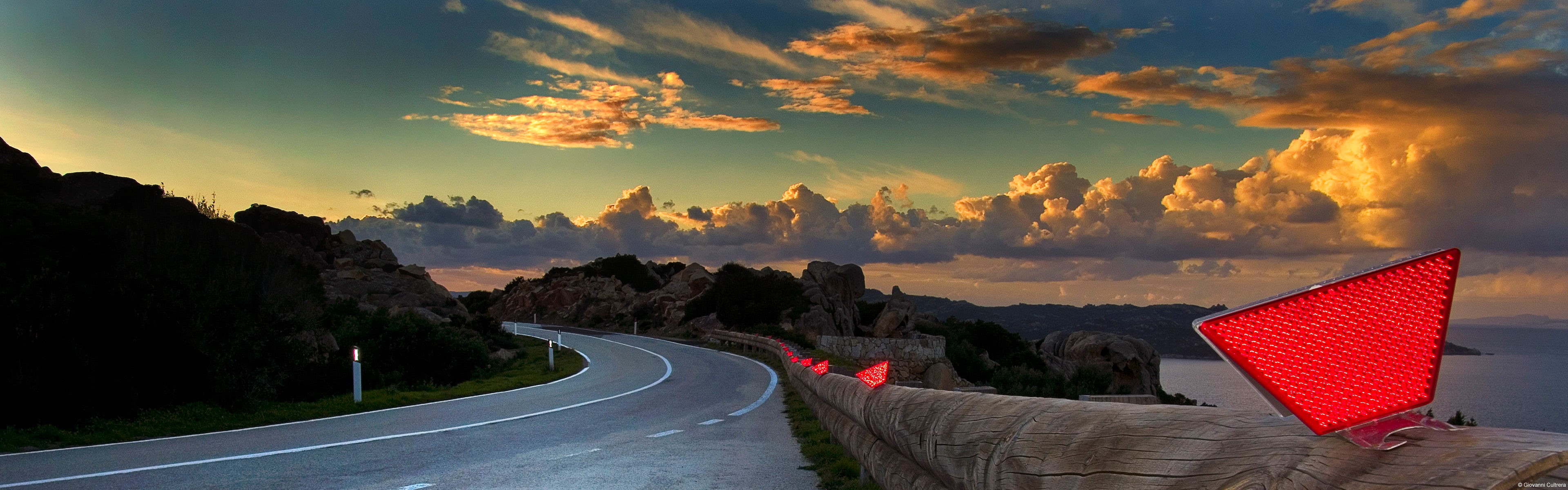 motion, 4K, transportation, environment, sky, ultra-wide, sign, sunset, road, travel, beauty in nature, reflector, sun, cloud - sky, outdoors, nature, HD Wallpaper