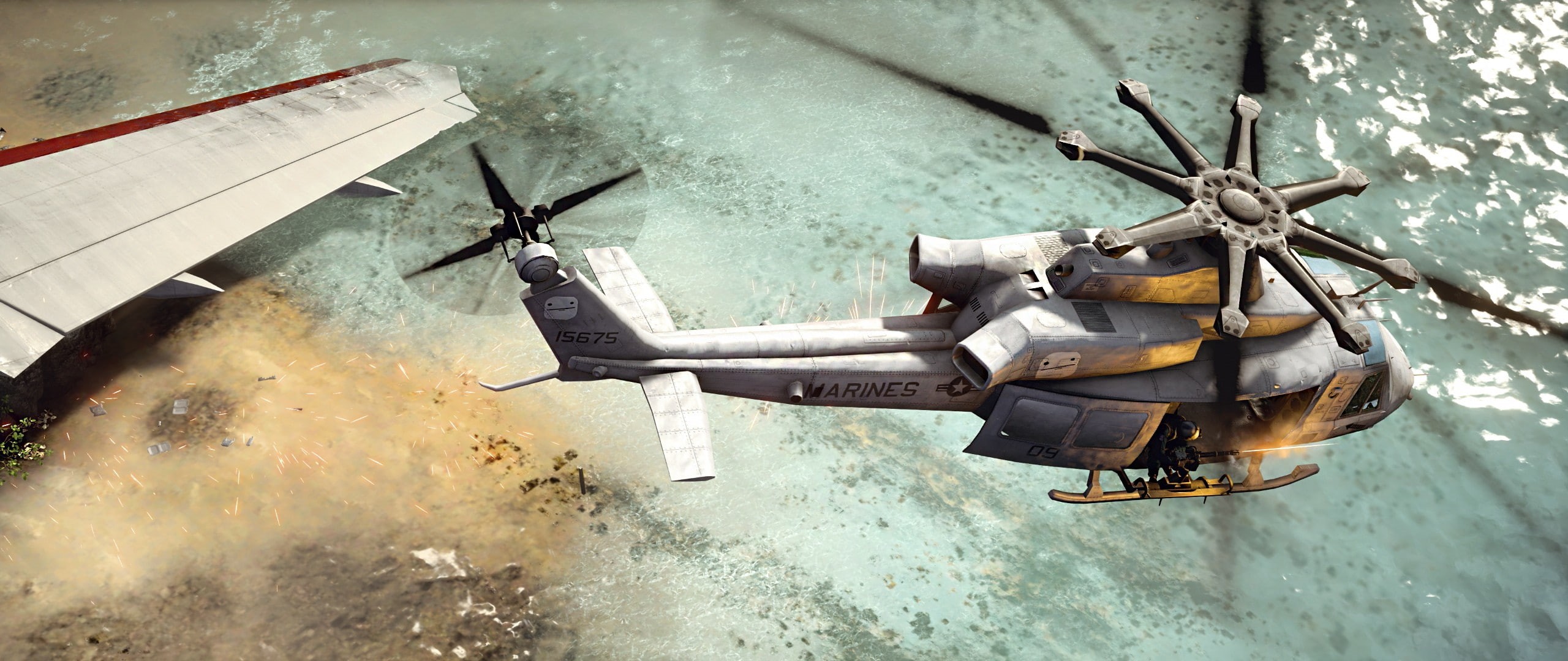 beach, UH, helicopters, Aerial View, 2K, Battlefield 4, 2560x1080 px, HD Wallpaper