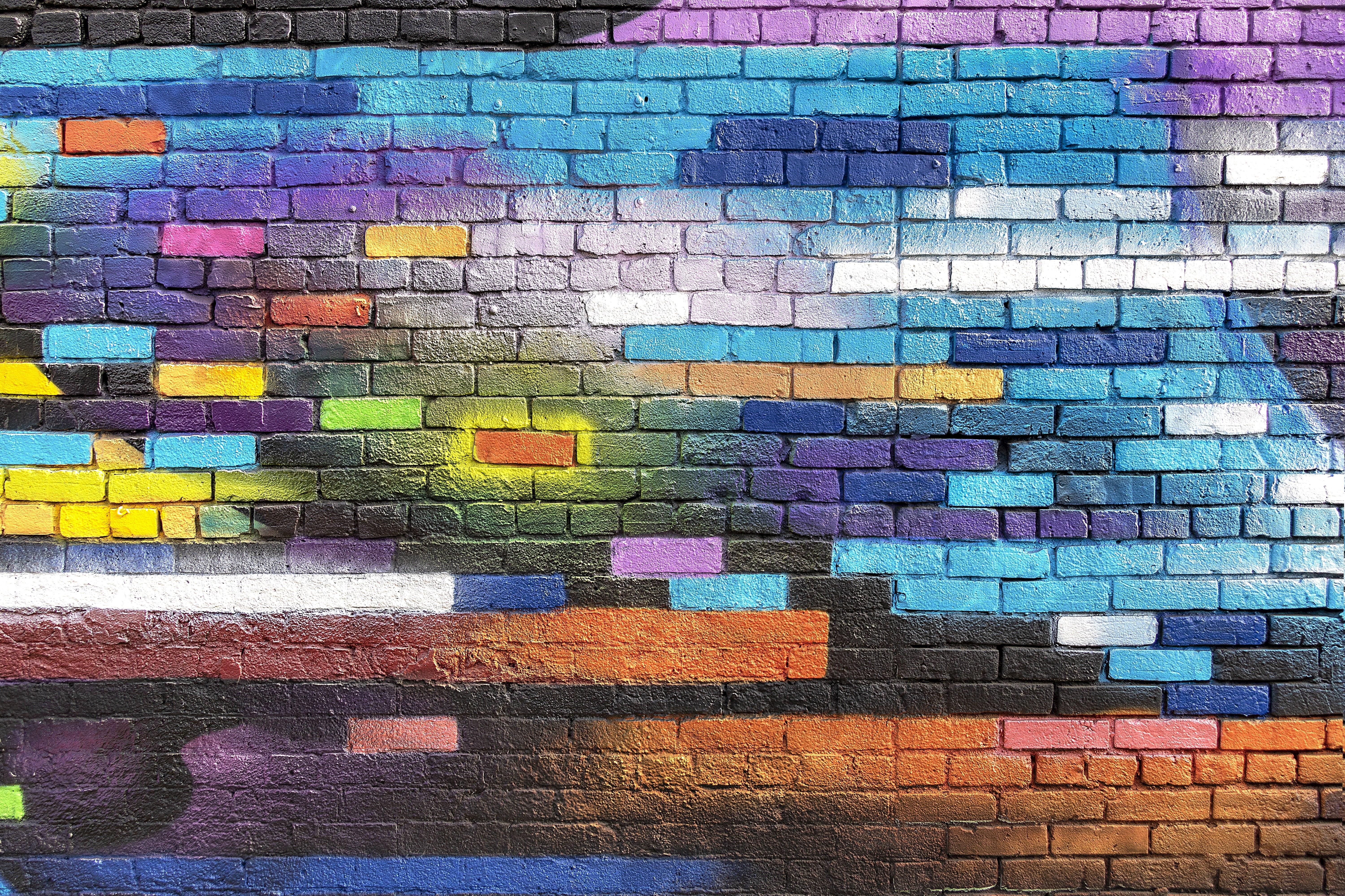 no people, full frame, grafiti, mosaic, design, paint, red, cement, backdrop, 5K, creativity, rough, backgrounds, brick Wall, textured, blue, built structure, HD Wallpaper