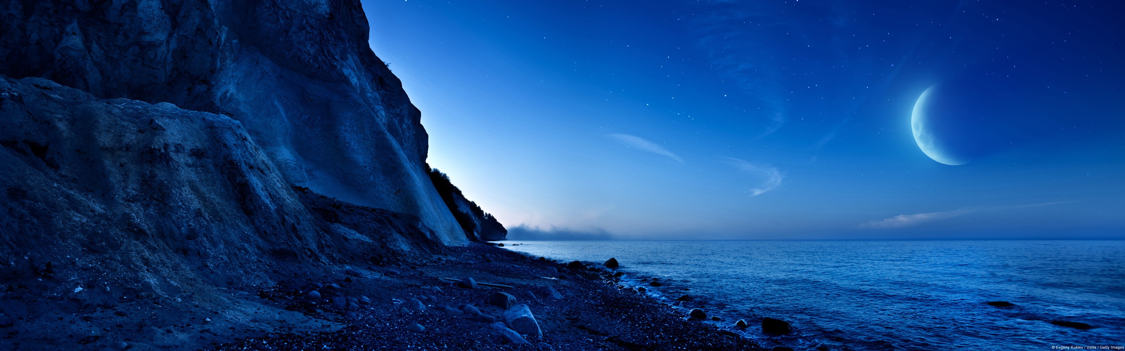 ultra-wide, rock, water, digital art, blue, 4K, nature, HD Wallpaper