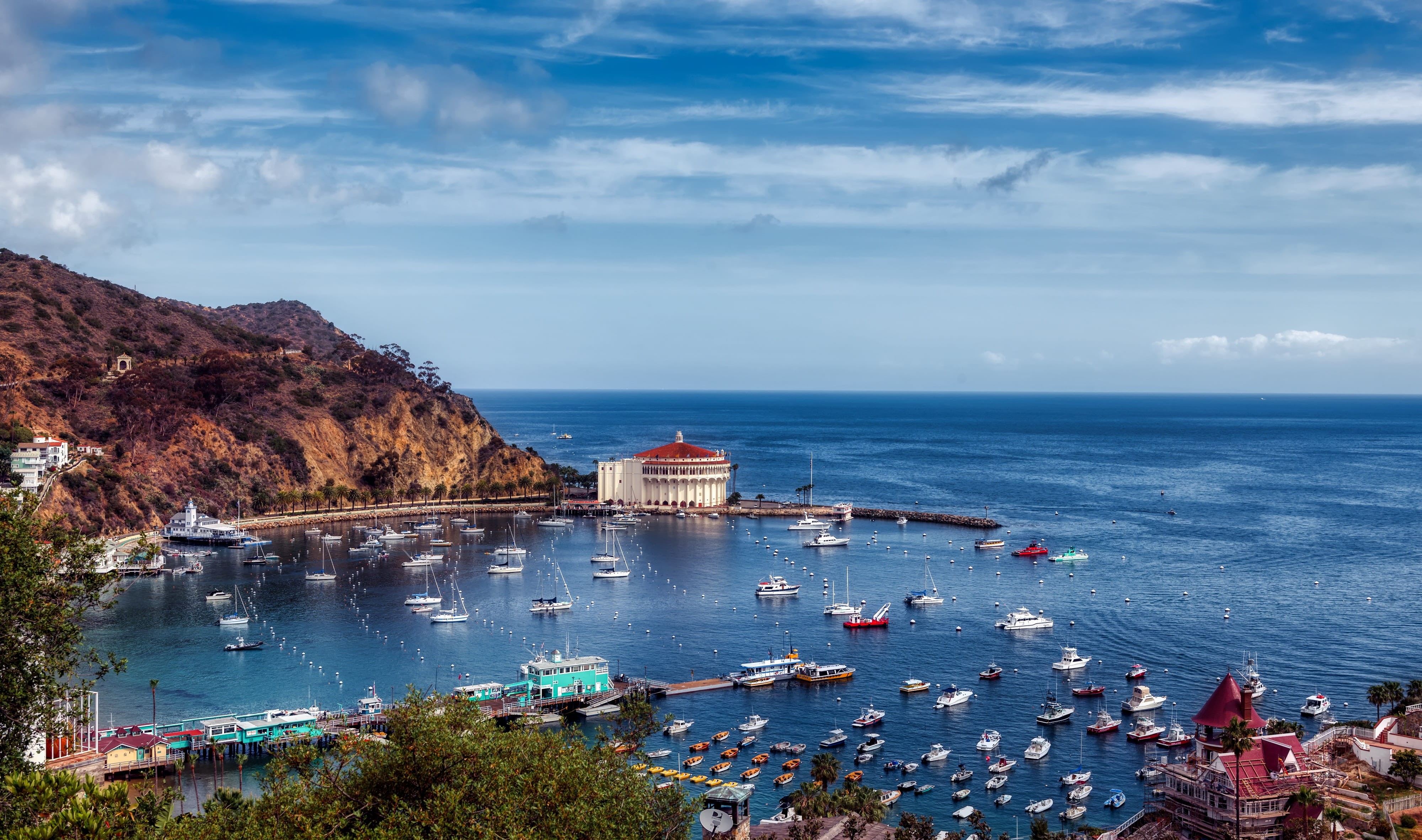 attractions, nature, built structure, horizon, day, california, mountains, sea, building exterior, catalina island, america, architecture, clouds, beauty in nature, HD Wallpaper