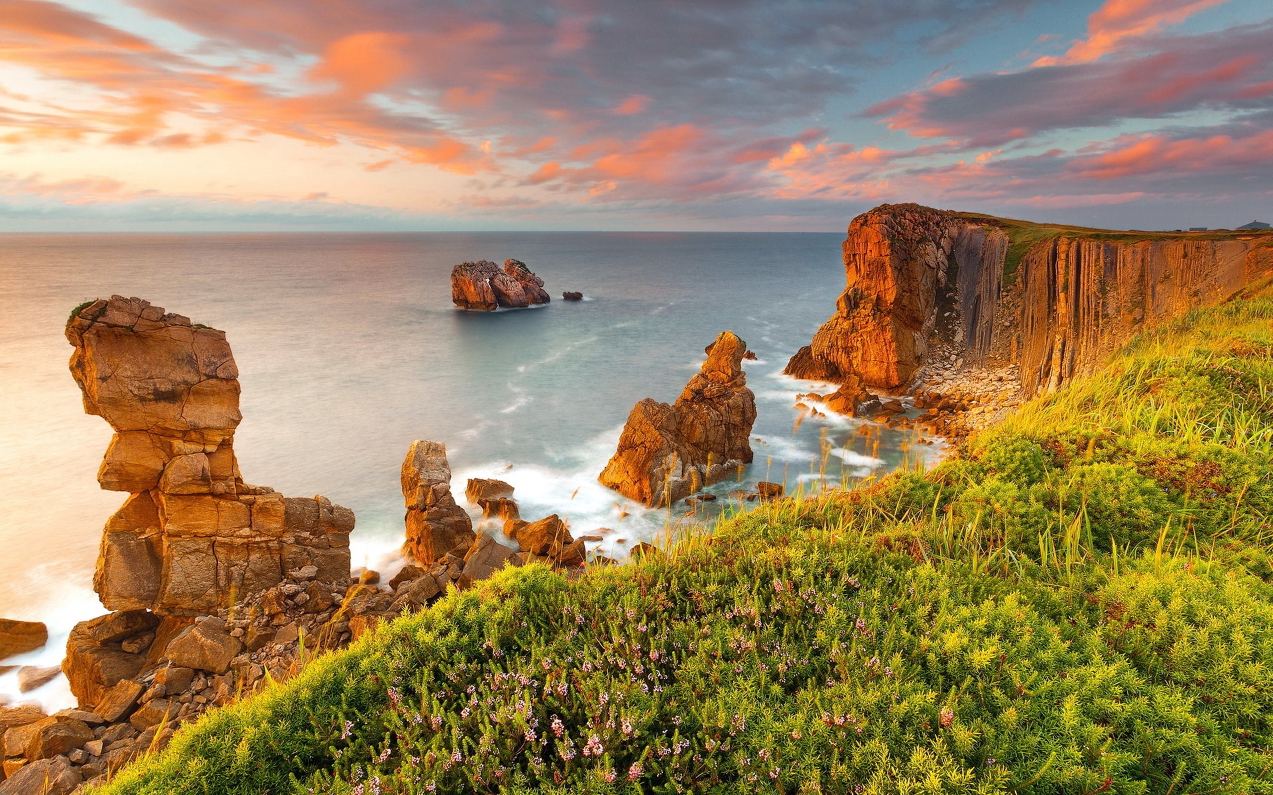 sea, sky, coast, shore, cliff, ocean, clouds, landscapes, 2K, sunrise, nature, islands, sunset, HD Wallpaper