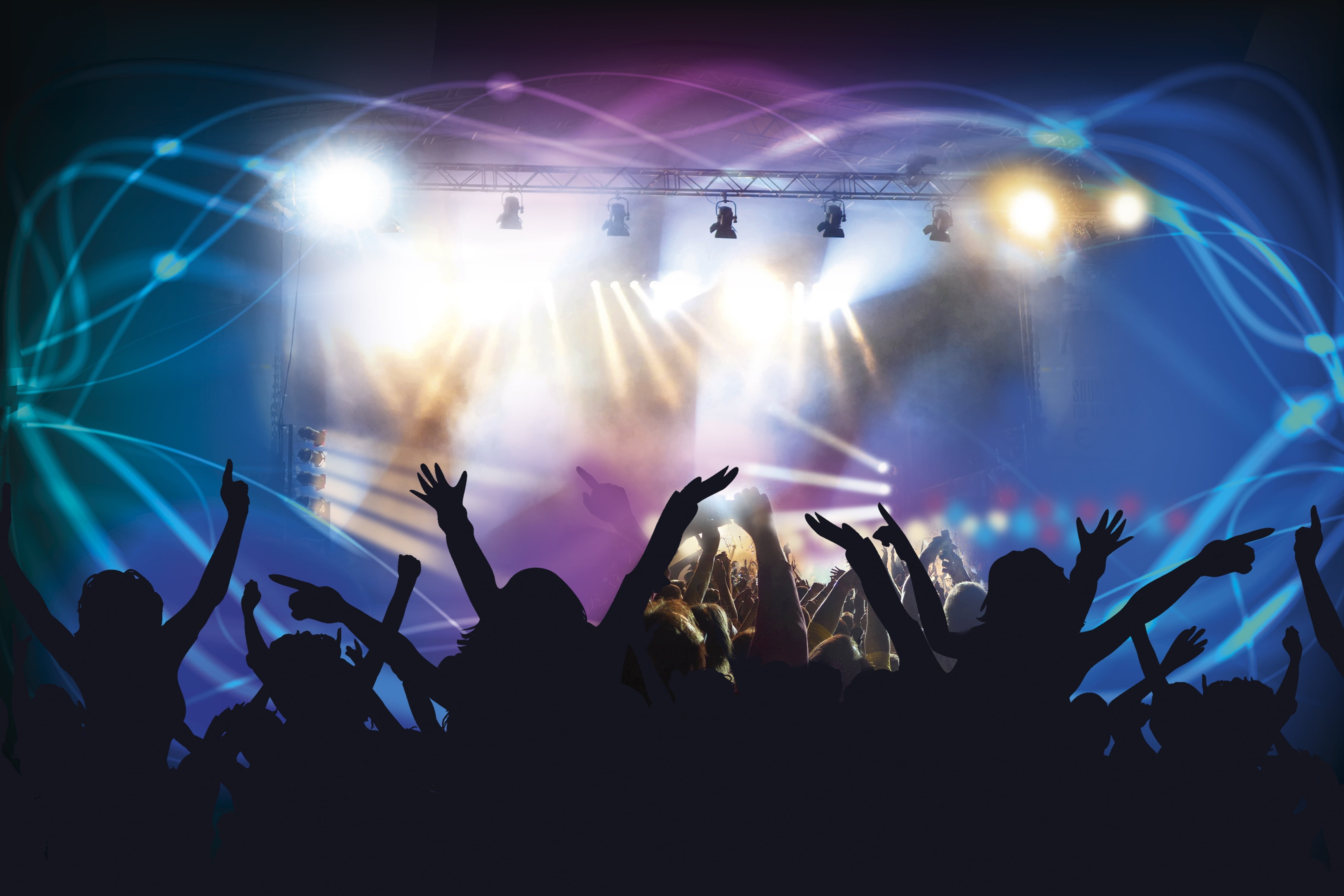 large group of people, lens flare, spectators, group of people, arms raised, party, nightlife, event, stage light, enjoyment, music, concert, human arm, HD Wallpaper