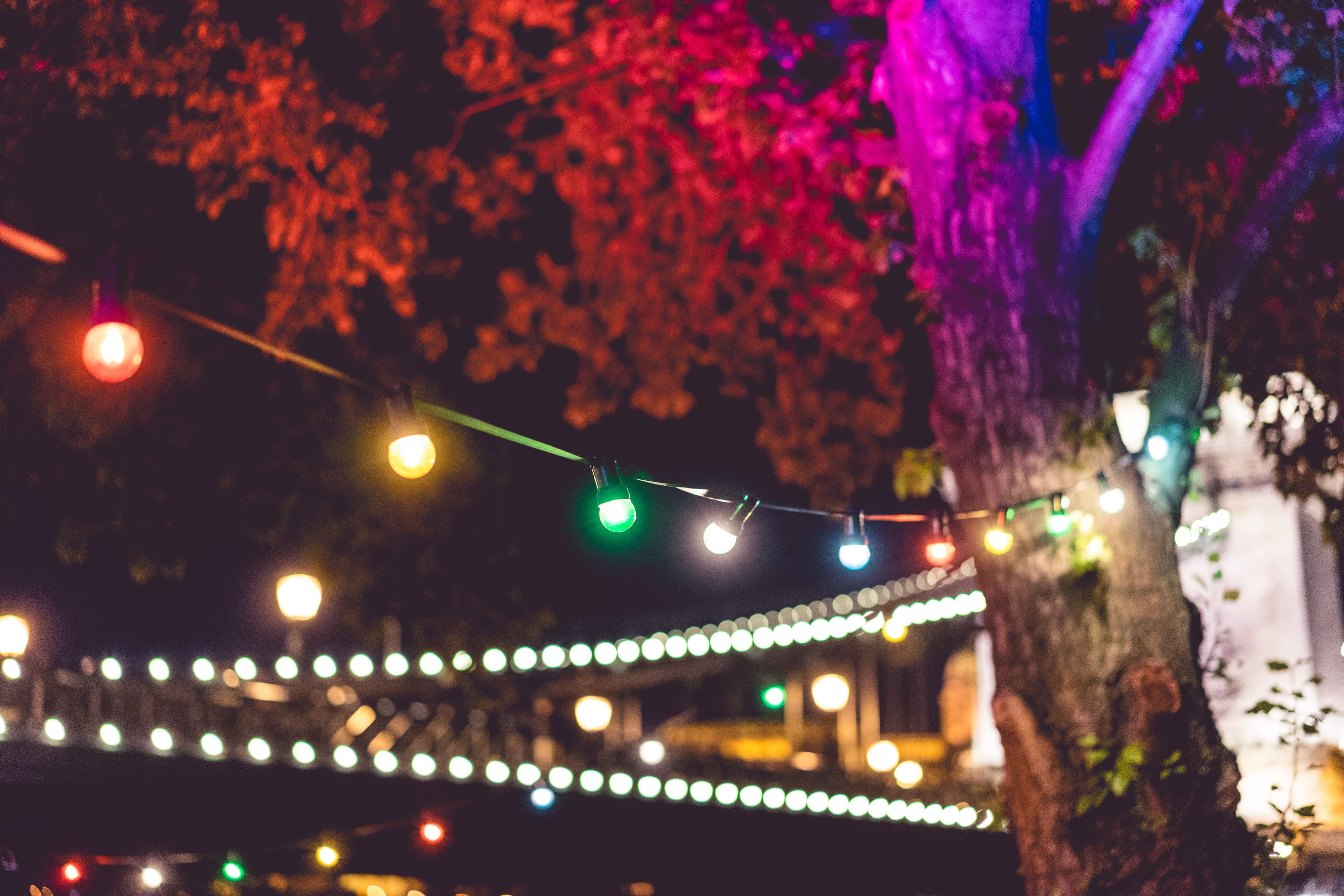 focus on foreground, birthday, lights, 4K, decoration, cheers, connection, urban Scene, no people, built structure, light, cityscape, Night, glowing, happy new year, HD Wallpaper