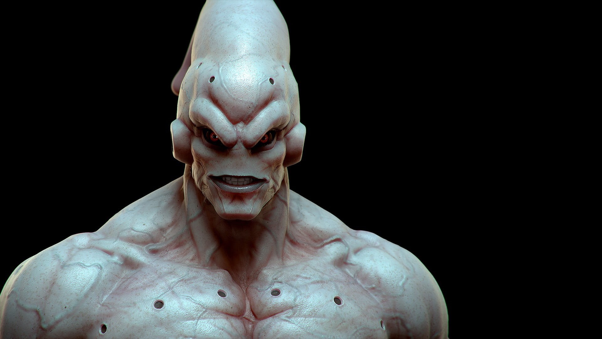 emotion, headshot, mouth open, majinbu, abdominal muscle, studio shot, people, spooky, 1080P, black Background, character, realistic, muscular build, aggression, HD Wallpaper